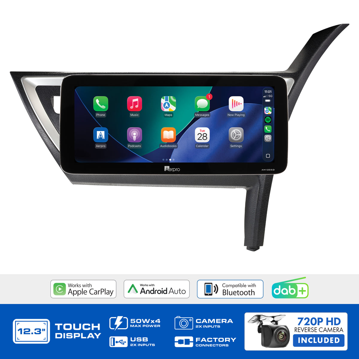 Aerpro AMTCTO39 feature graphic listing wireless CarPlay, Android Auto, DAB+ and the included camera