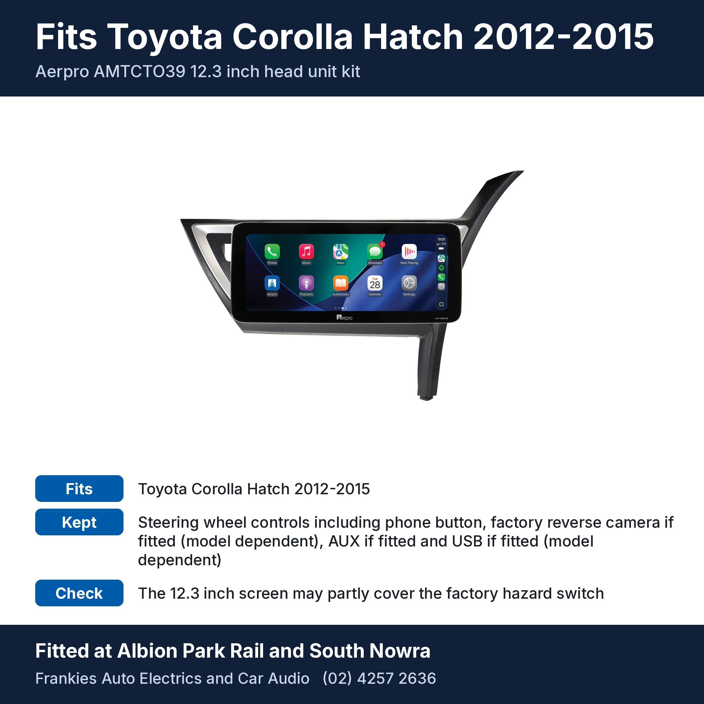 Aerpro AMTCTO39 12.3 inch head unit in its matte black and silver facia for Toyota Corolla Hatch 2012-2015, with fit and feature notes, fitted at Albion Park Rail and South Nowra