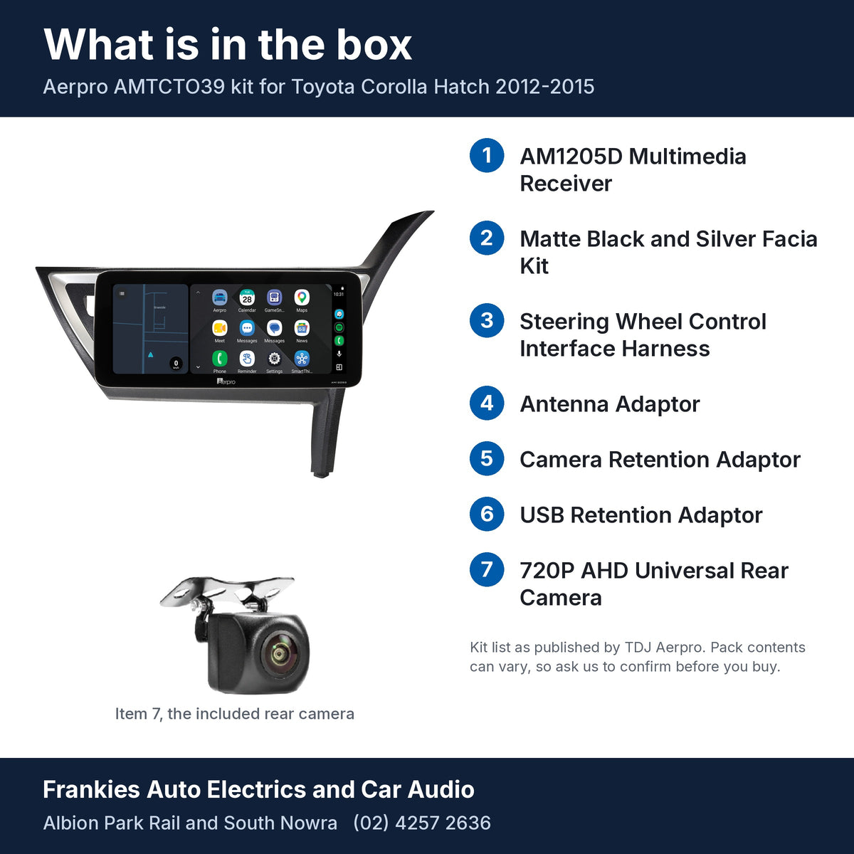 What is in the box for the Aerpro AMTCTO39 kit for Toyota Corolla Hatch 2012-2015: the AM1205D head unit in its facia, the rear camera and the 7 kit items