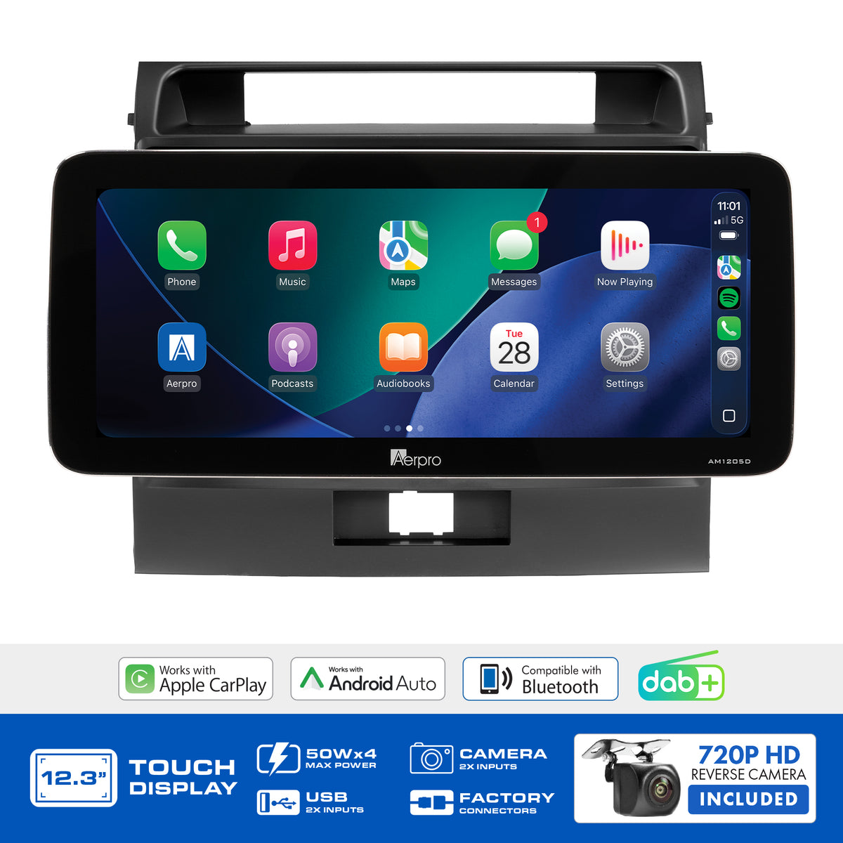 Aerpro AMTCTO41 feature graphic listing wireless CarPlay, Android Auto, DAB+ and the included camera