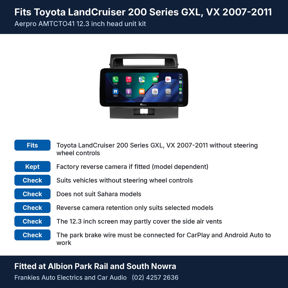 Aerpro AMTCTO41 12.3 inch head unit in its matte black facia for Toyota LandCruiser 200 Series GXL, VX 2007-2011, with fit and feature notes, fitted at Albion Park Rail and South Nowra