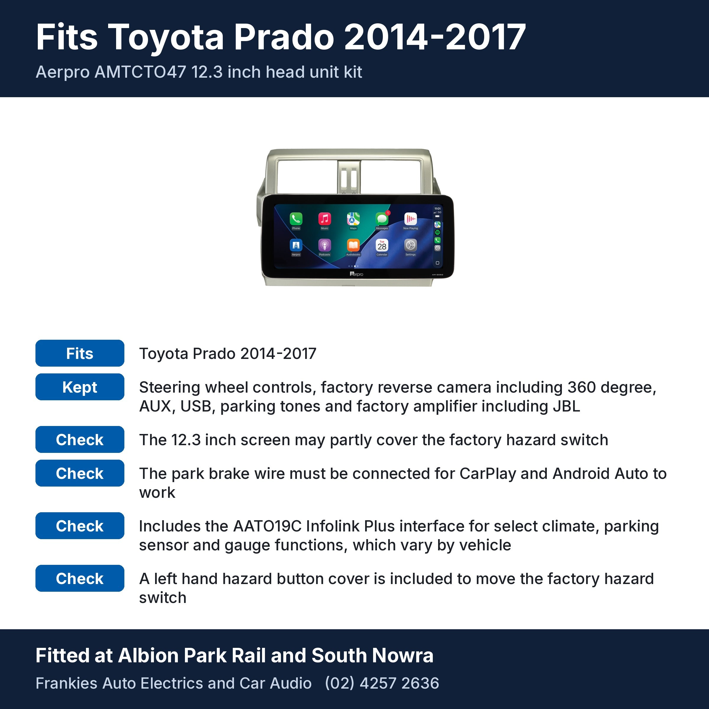 Aerpro AMTCTO47 12.3 inch head unit in its silver facia for Toyota Prado 2014-2017, with fit and feature notes, fitted at Albion Park Rail and South Nowra