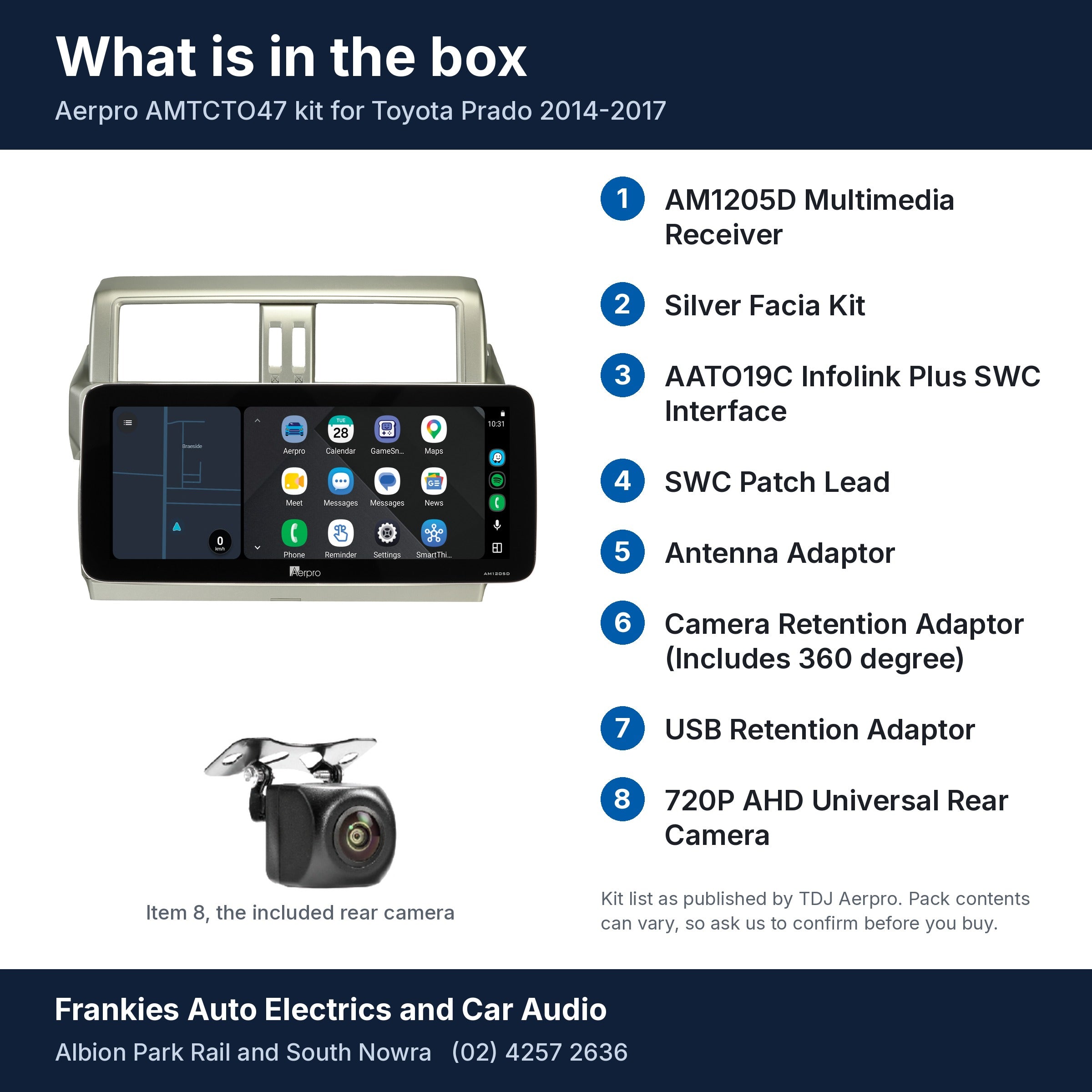 What is in the box for the Aerpro AMTCTO47 kit for Toyota Prado 2014-2017: the AM1205D 12.3 inch head unit in its silver facia, the rear camera and a list of the 8 kit items