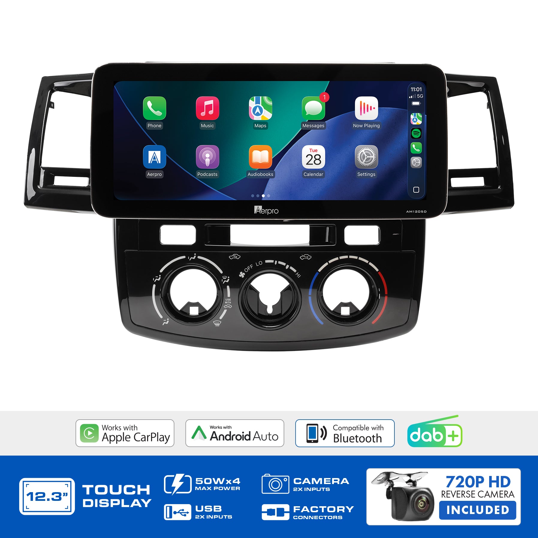 Aerpro AMTCTO49 feature graphic listing wireless CarPlay, Android Auto, DAB+ and the included camera