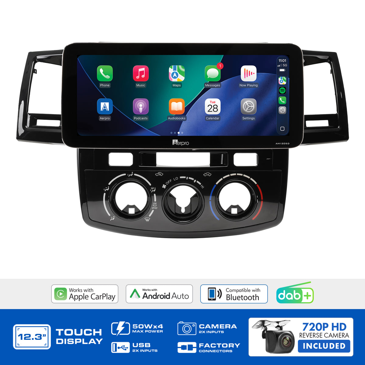 Aerpro AMTCTO49 feature graphic listing wireless CarPlay, Android Auto, DAB+ and the included camera