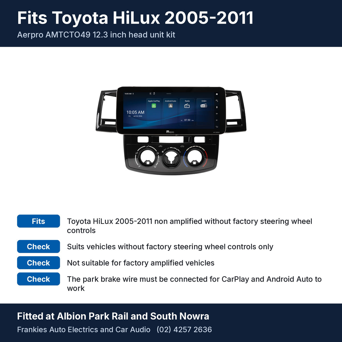 Aerpro AMTCTO49 12.3 inch head unit in its gloss black facia for Toyota HiLux 2005-2011, with fit and feature notes, fitted at Albion Park Rail and South Nowra