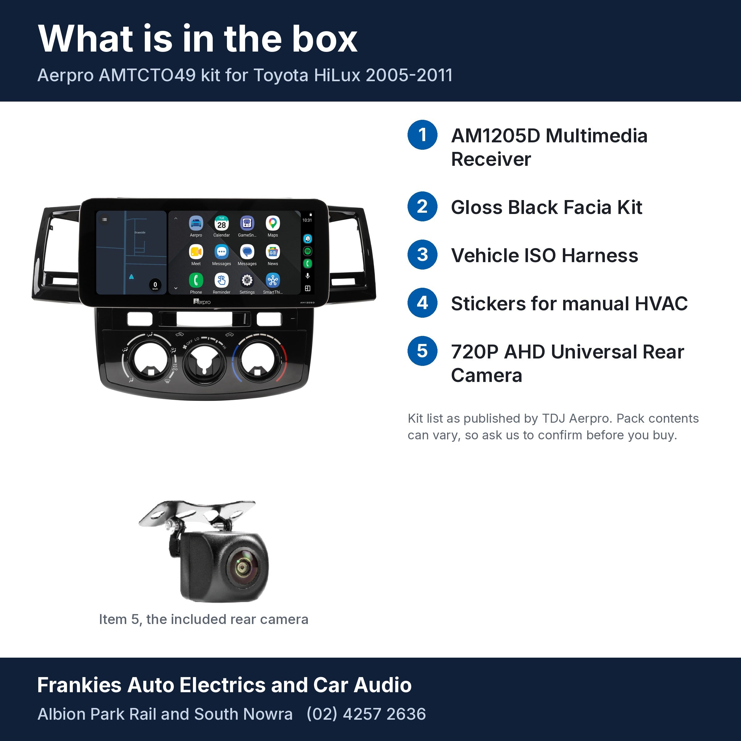 What is in the box for the Aerpro AMTCTO49 kit for Toyota HiLux 2005-2011: the AM1205D 12.3 inch head unit in its gloss black facia, the rear camera and a list of the 5 kit items