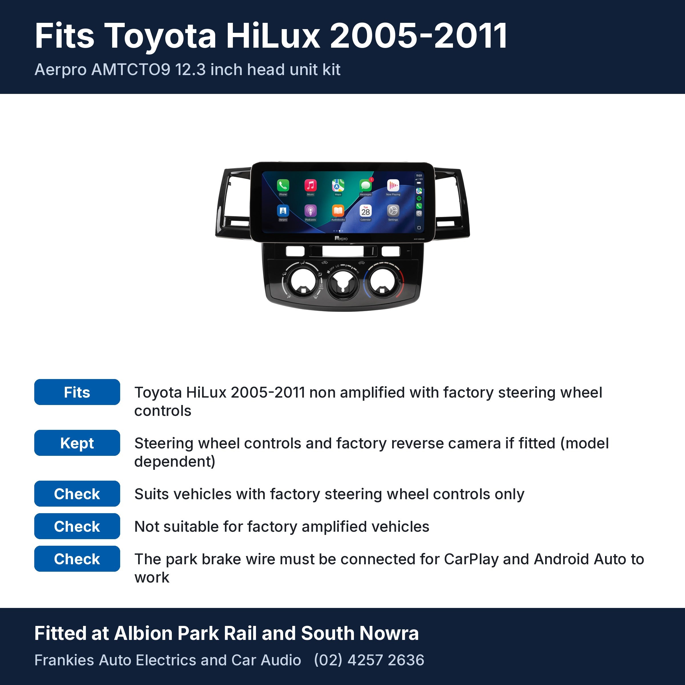 Aerpro AMTCTO9 12.3 inch head unit in its gloss black facia for Toyota HiLux 2005-2011, with fit and feature notes, fitted at Albion Park Rail and South Nowra