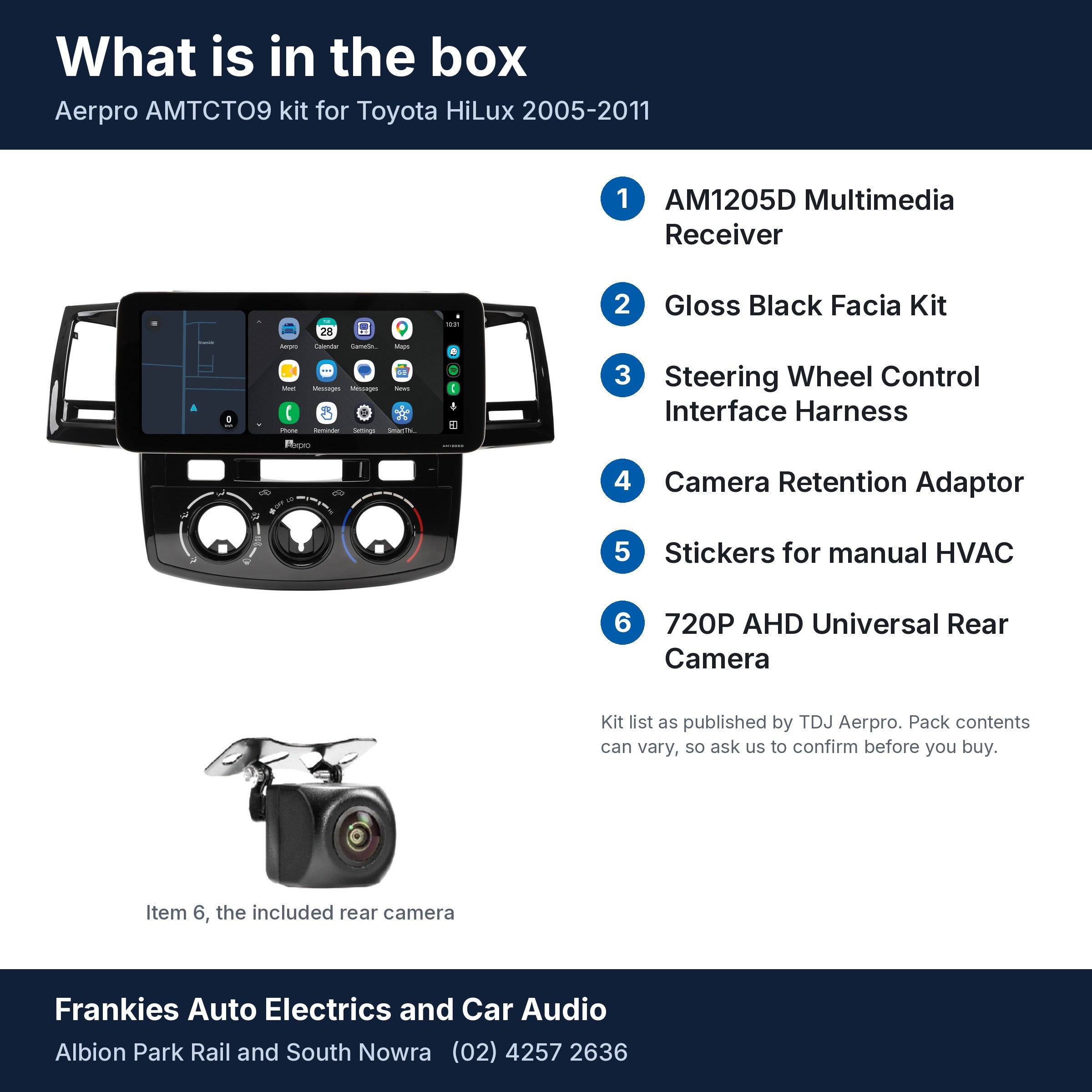What is in the box for the Aerpro AMTCTO9 kit for Toyota HiLux 2005-2011: the AM1205D 12.3 inch head unit in its gloss black facia, the rear camera and a list of the 6 kit items