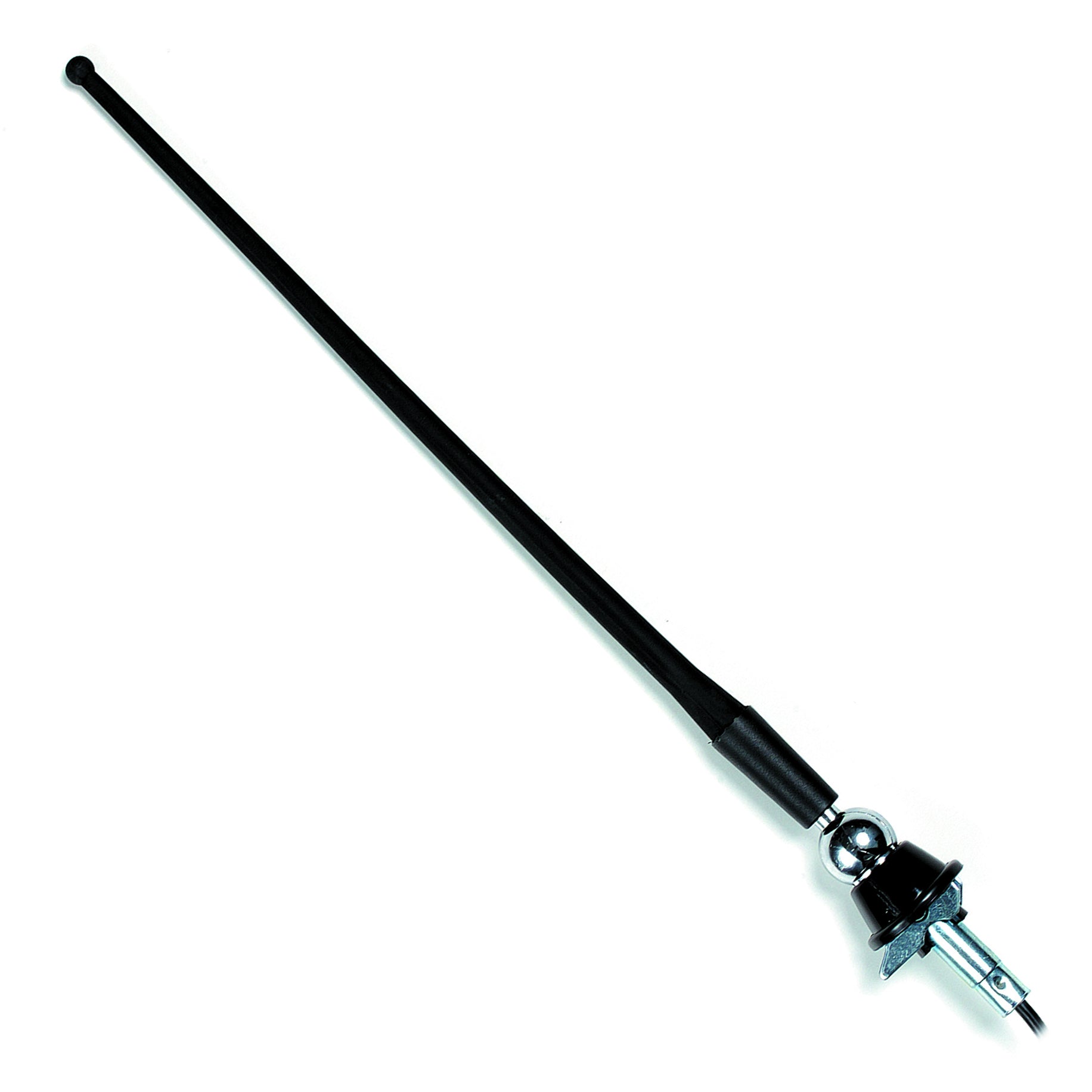 Black flexible rubber antenna mast on a chrome swivel base with its mounting bracket, shown at an angle