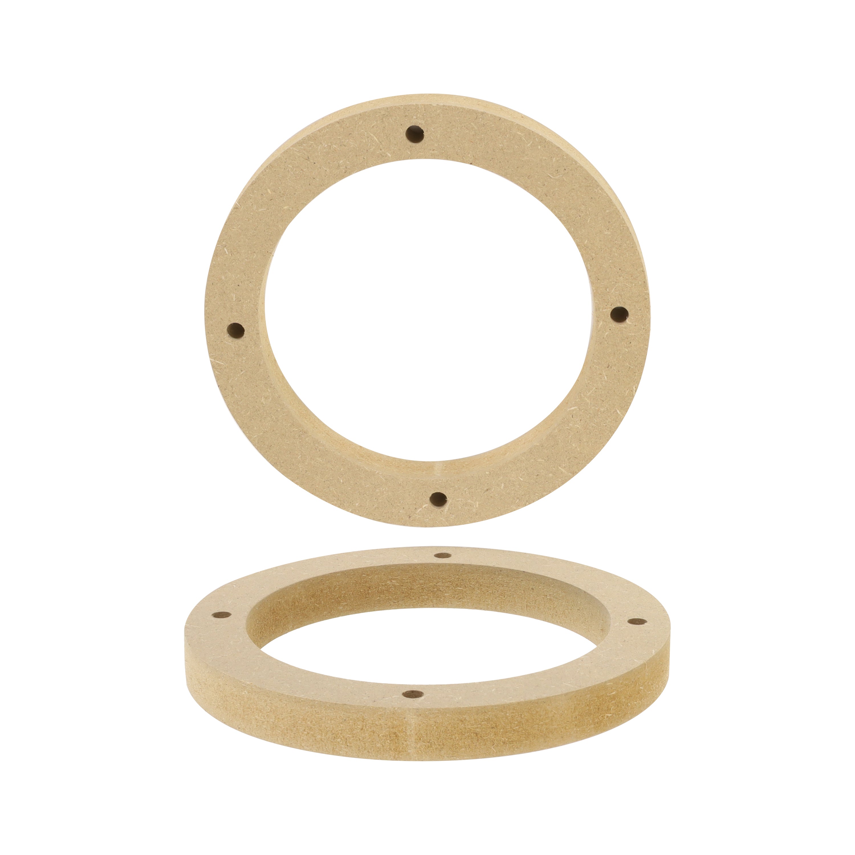 Natural MDF spacer rings with screw holes, one shown face on and one lying flat to show the thickness