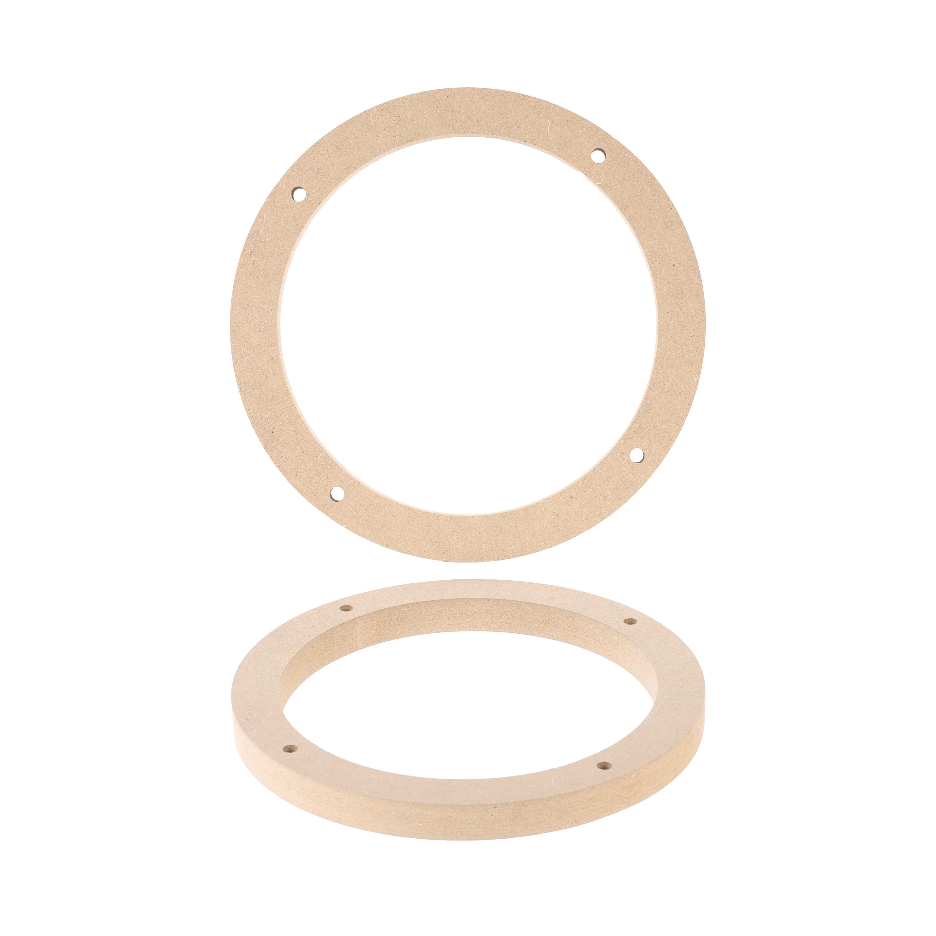 Pale MDF speaker spacer rings with four screw holes, one upright and one lying flat to show the depth