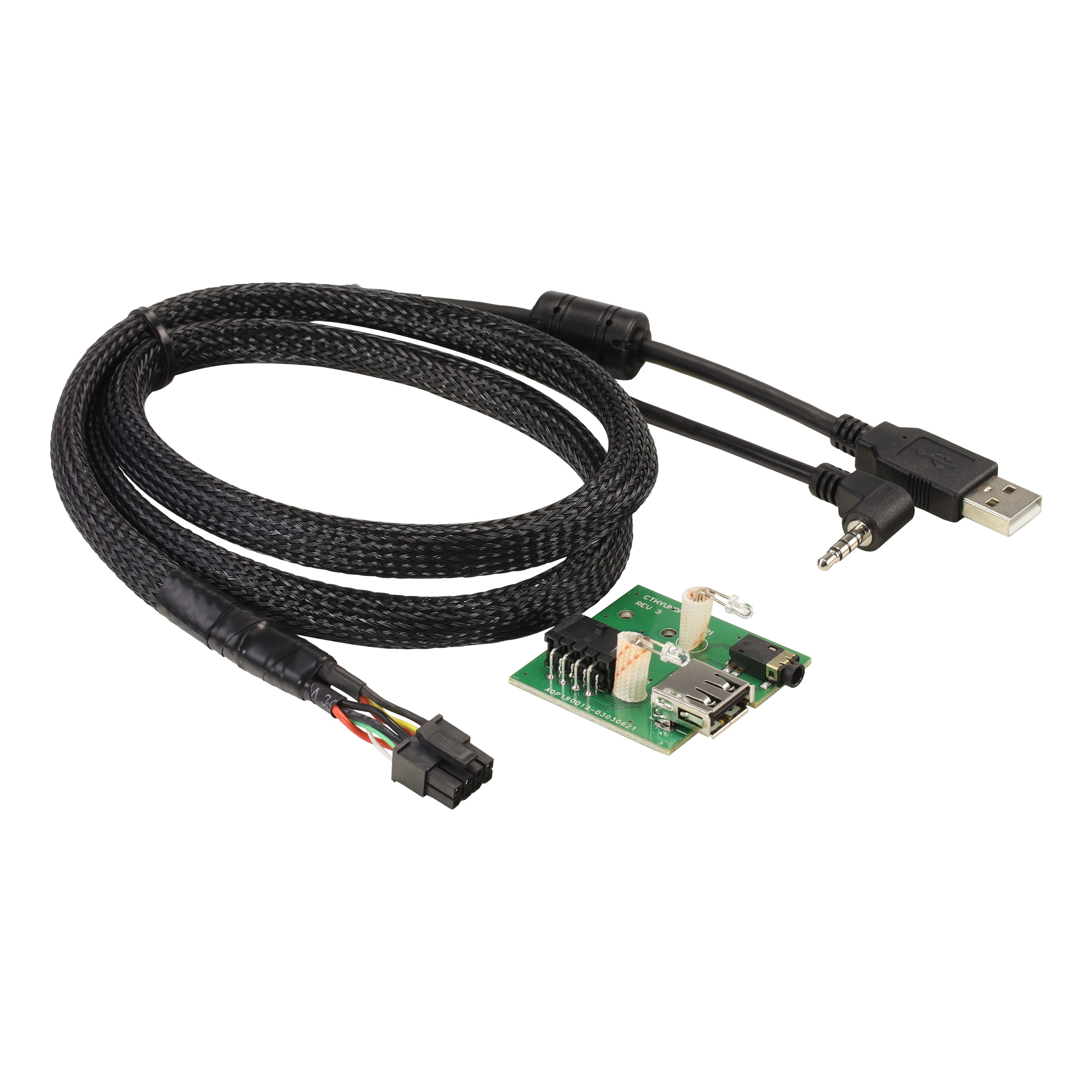 Braided lead with a USB plug and 3.5mm jack at one end, a small green socket board and a multi pin plug at the other
