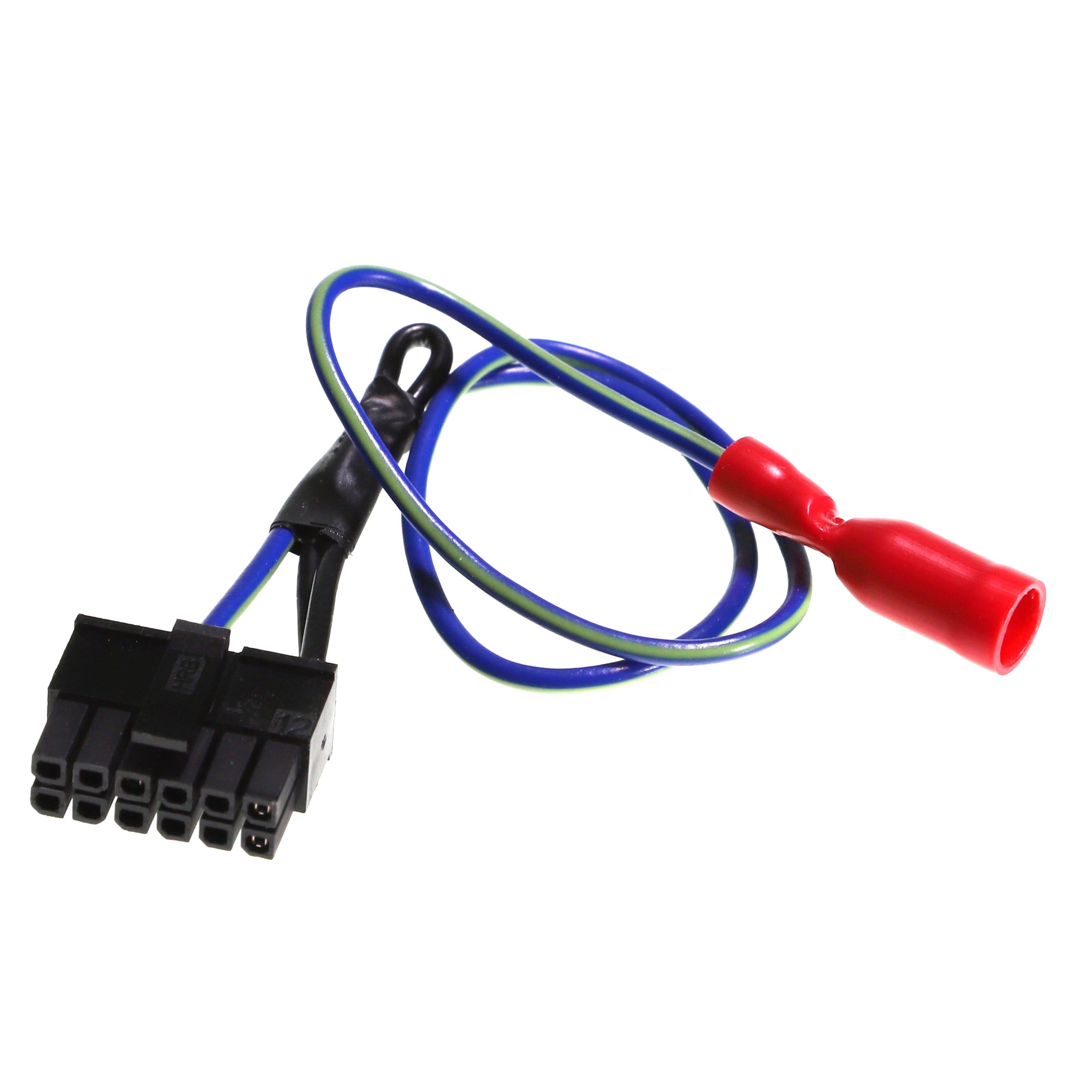 Black multi pin plug with blue and green wires running to a red insulated female spade connector
