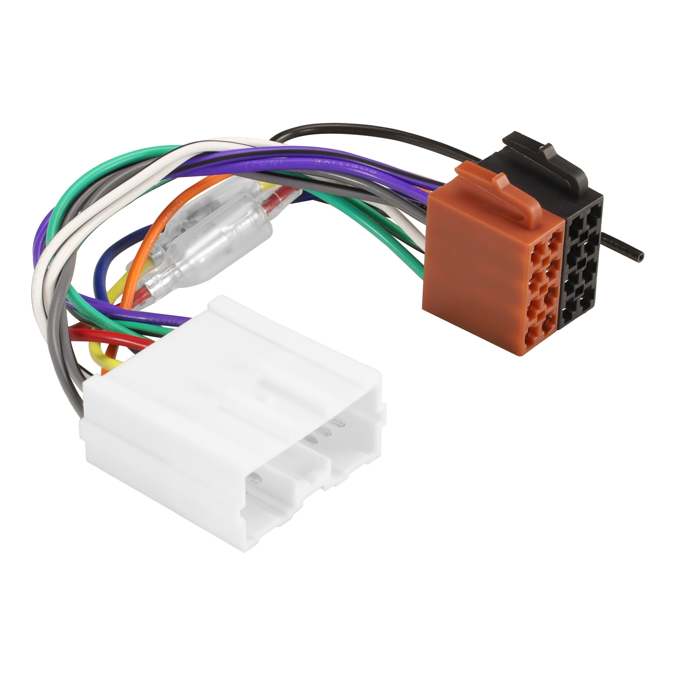 Large white plug and twin fuse holders leading across to a brown and black ISO pair