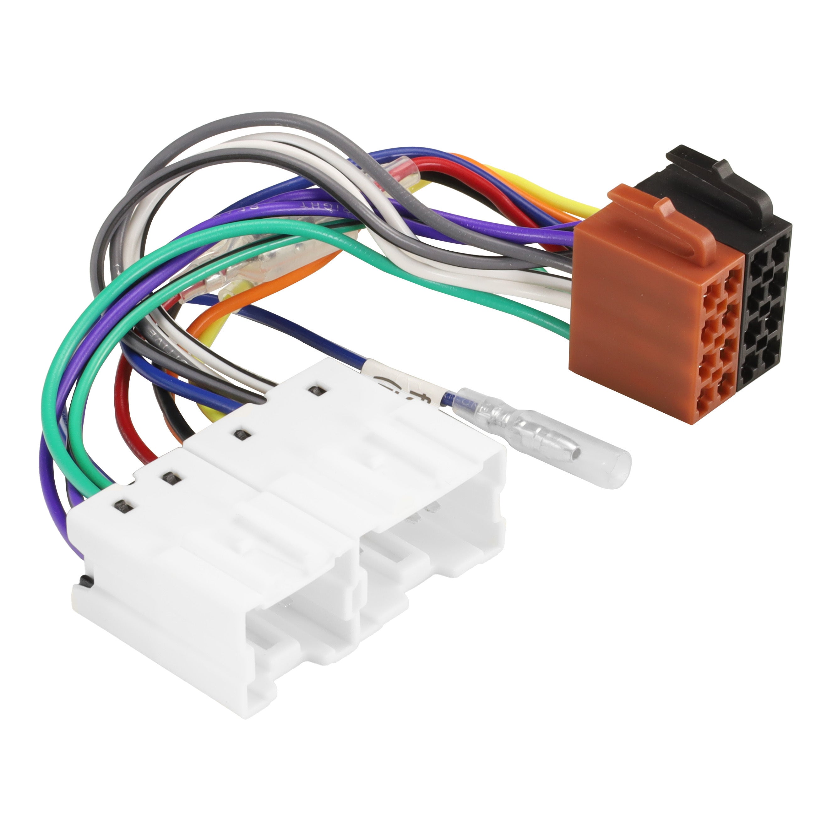Harness with a white factory plug, colour coded wires and a brown and black ISO connector block