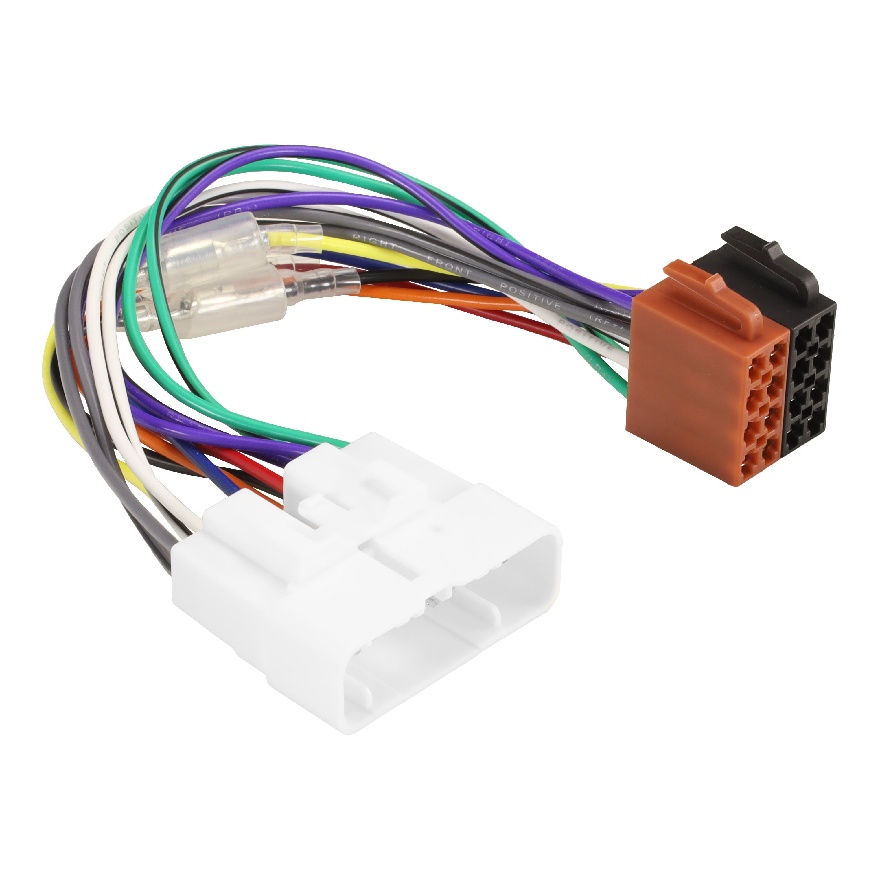 Harness with a flat white factory plug, spade fittings on the wires and brown and black ISO connectors