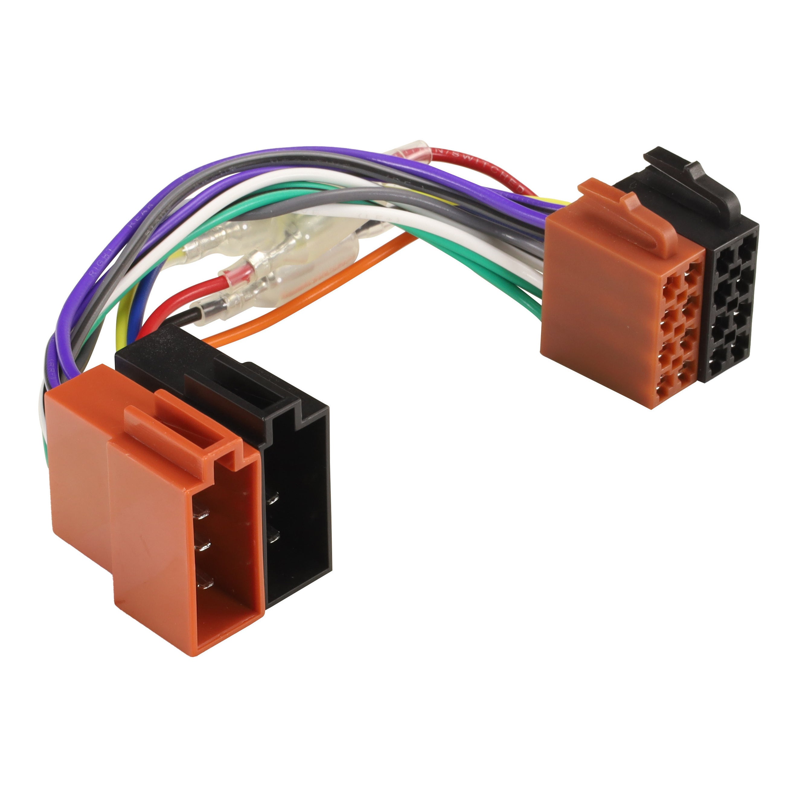 Brown and black ISO plug pairs at both ends of a short loom with in line fuse holders