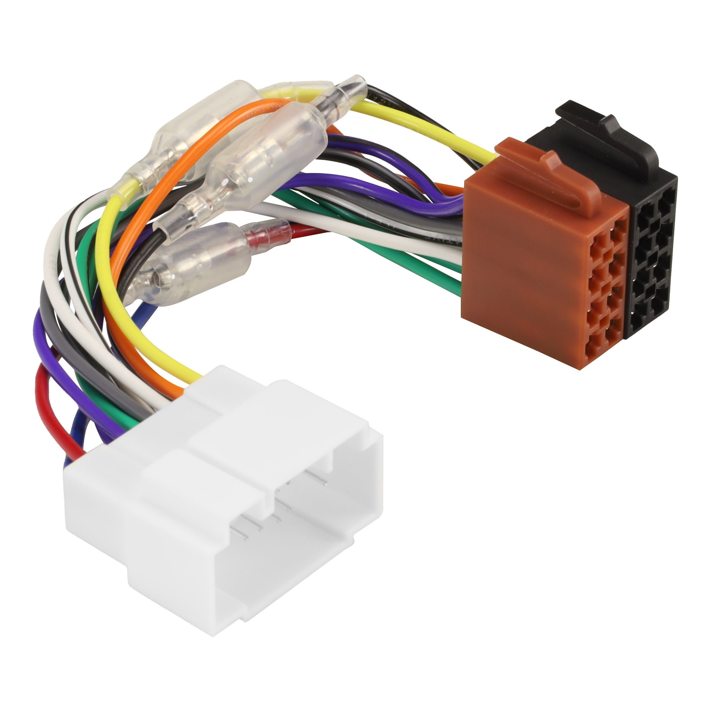 Harness with a white factory plug, orange and yellow wires with inline fittings and brown and black ISO plugs
