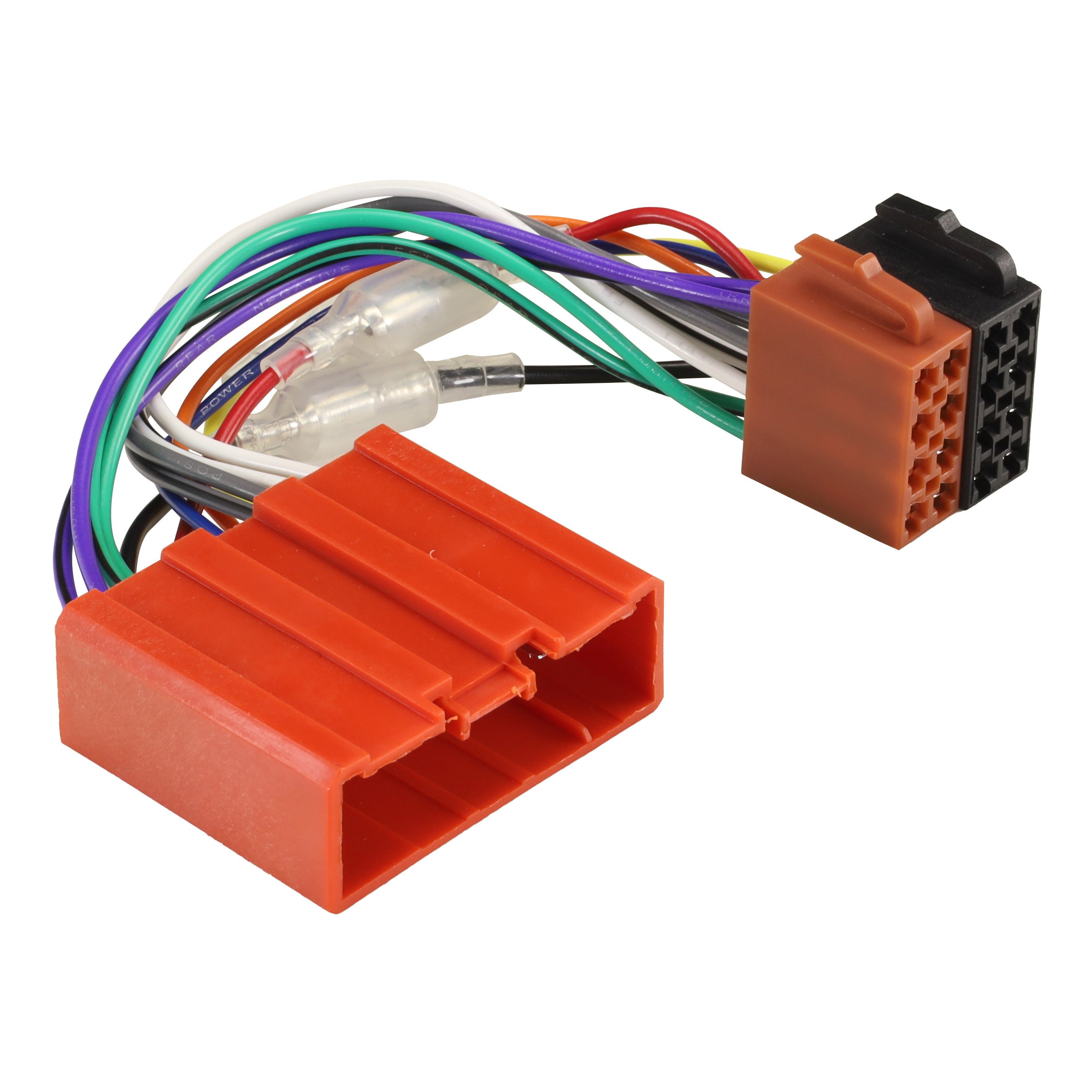 Harness with a large red factory plug, colour coded wires and brown and black ISO connectors