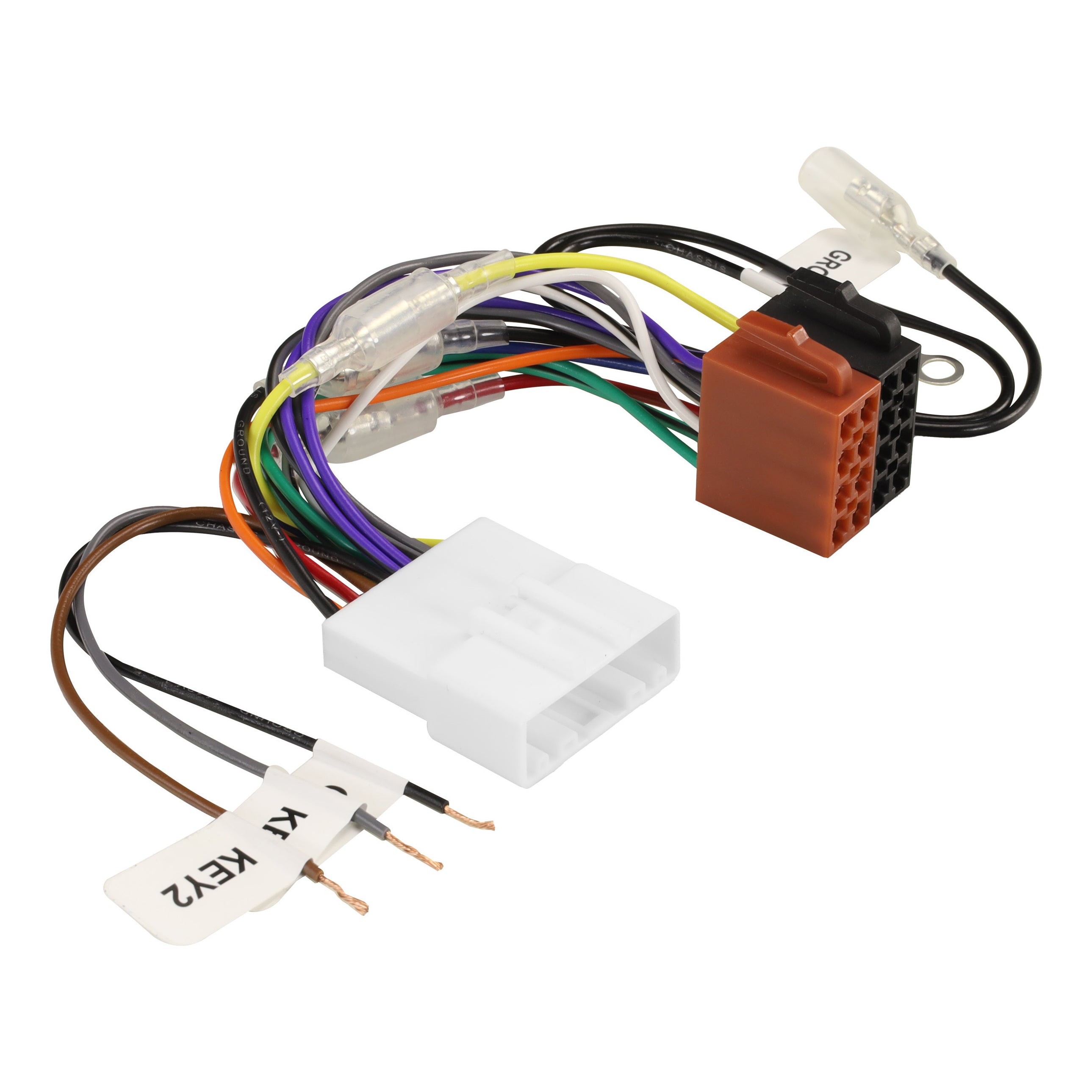 White factory plug and coloured loom to brown and black ISO plugs, with KEY1 and KEY2 tagged leads and an earth ring
