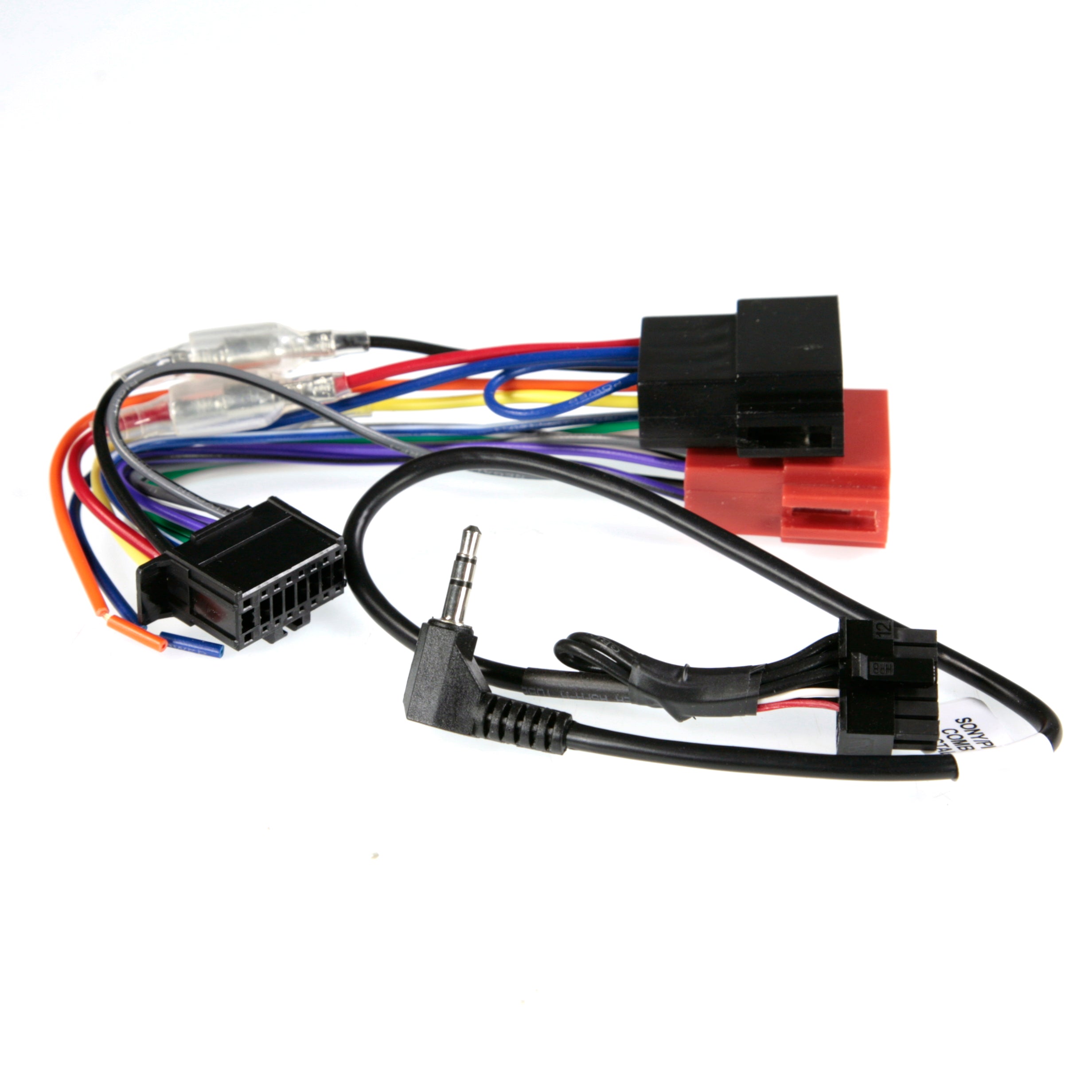 Colour coded wiring with black and red ISO plugs, a black head unit plug and a 3.5mm jack lead