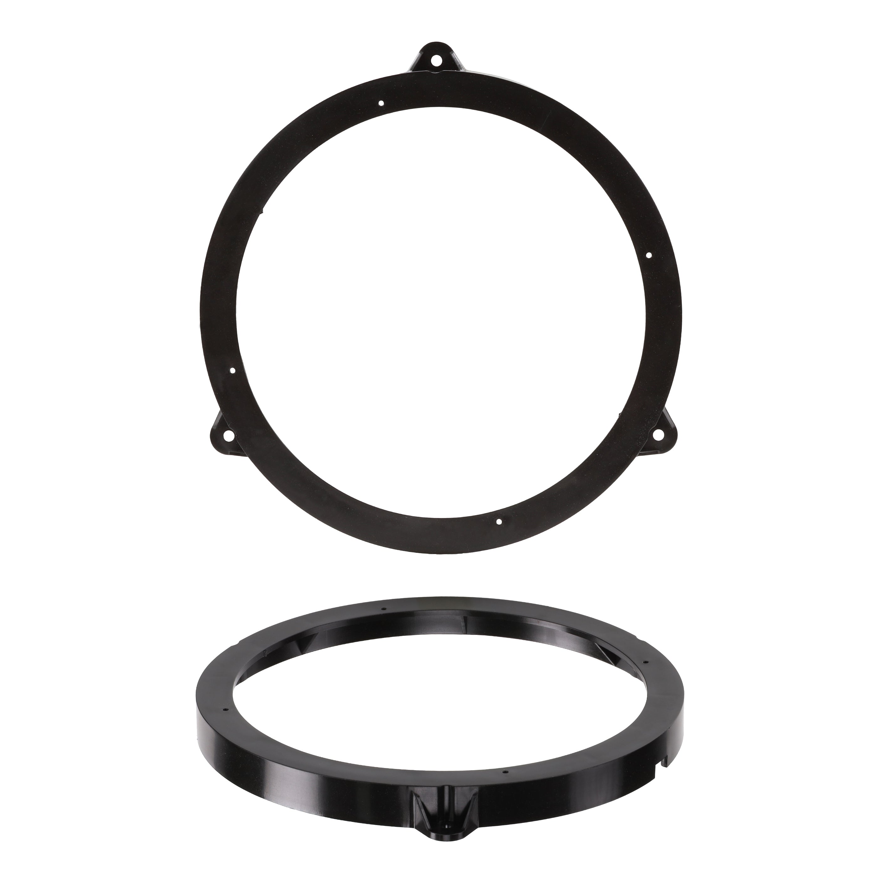 Black plastic speaker spacer with a top mounting tab, shown face on and lying flat to show its depth