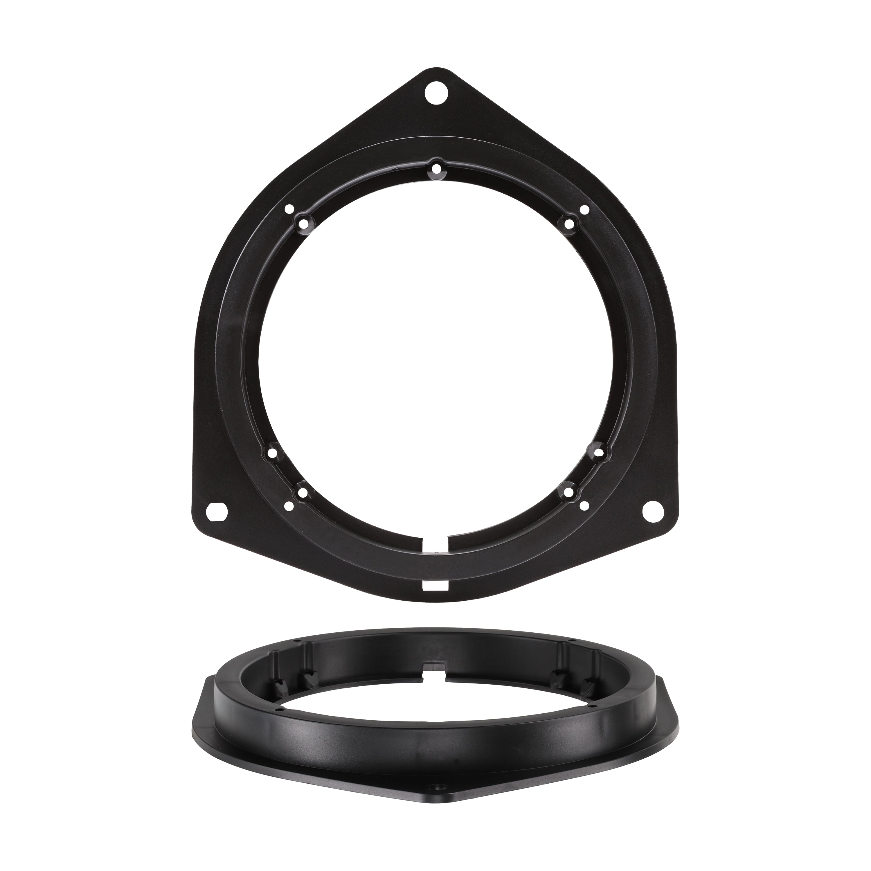 Black triangular speaker spacer with screw holes and a round inner ring, shown face on and from the side