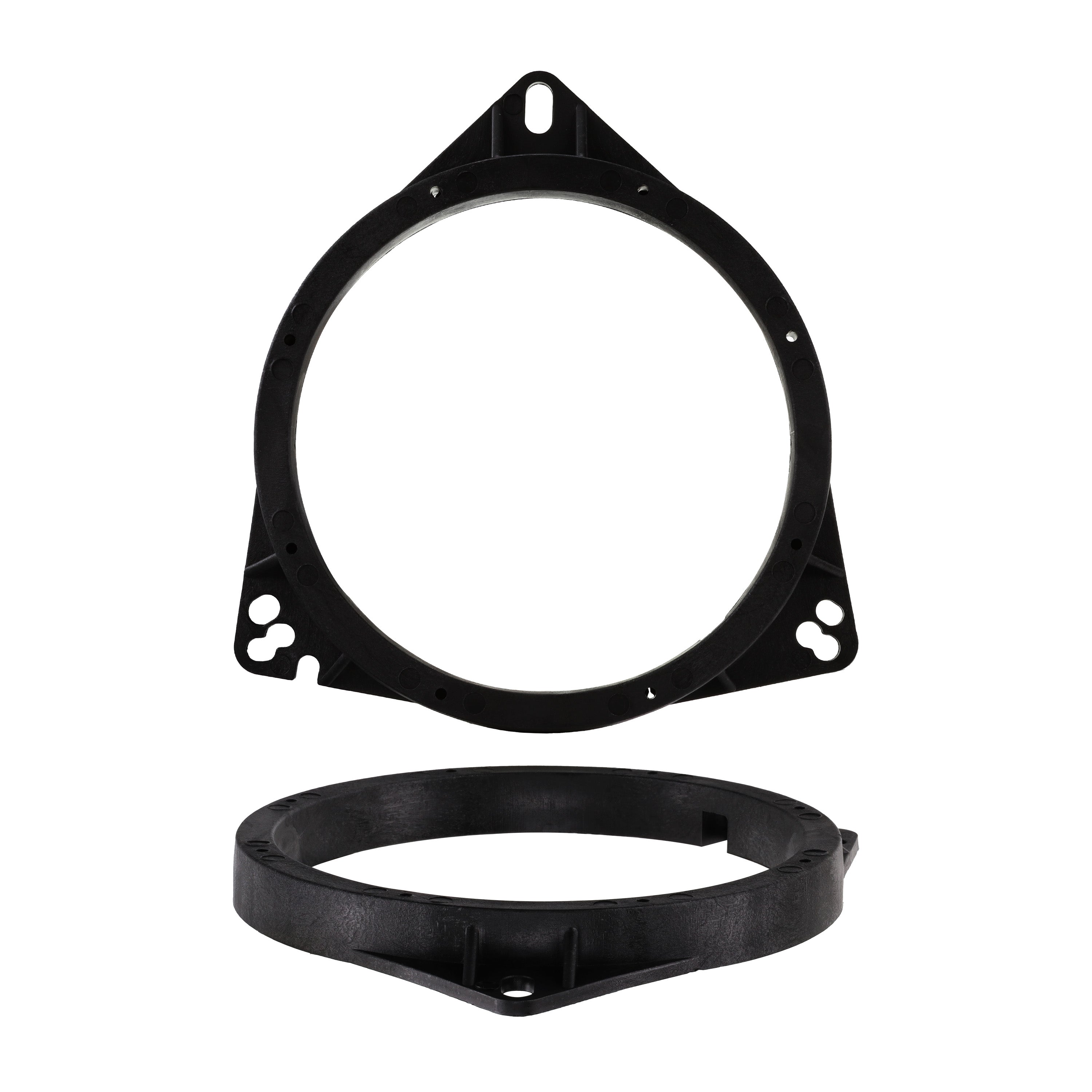 Black speaker spacer with a slotted top tab and a wide lower flange, shown face on and from the side
