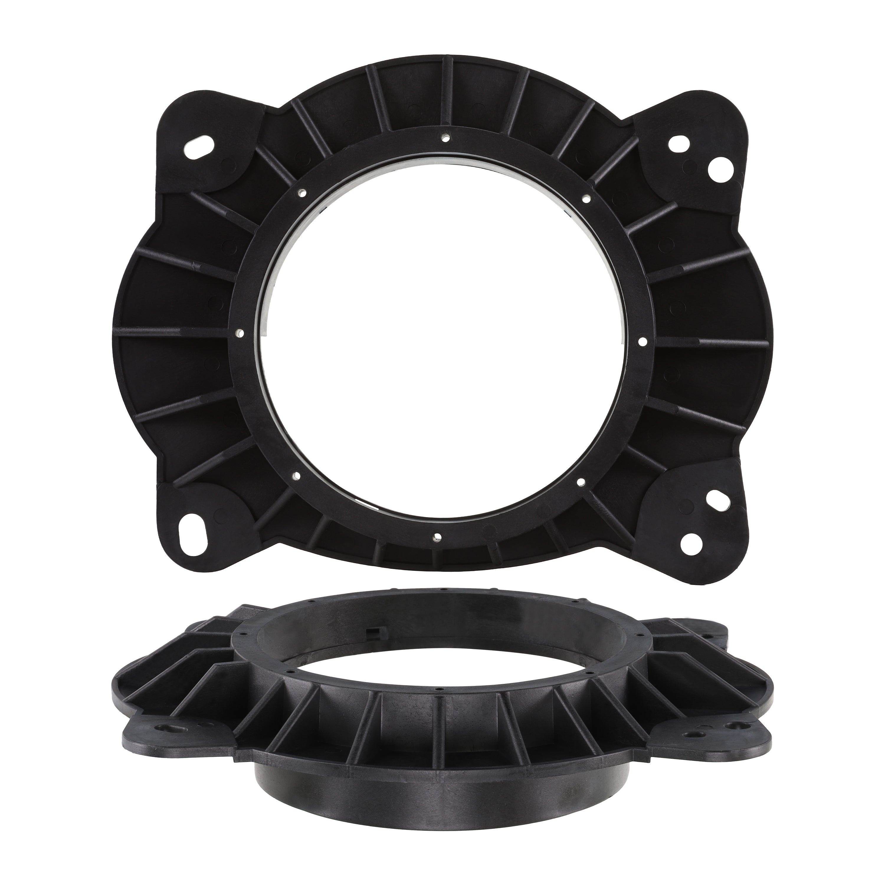Black ribbed speaker spacer with four corner mounting lugs, shown face on and lying flat