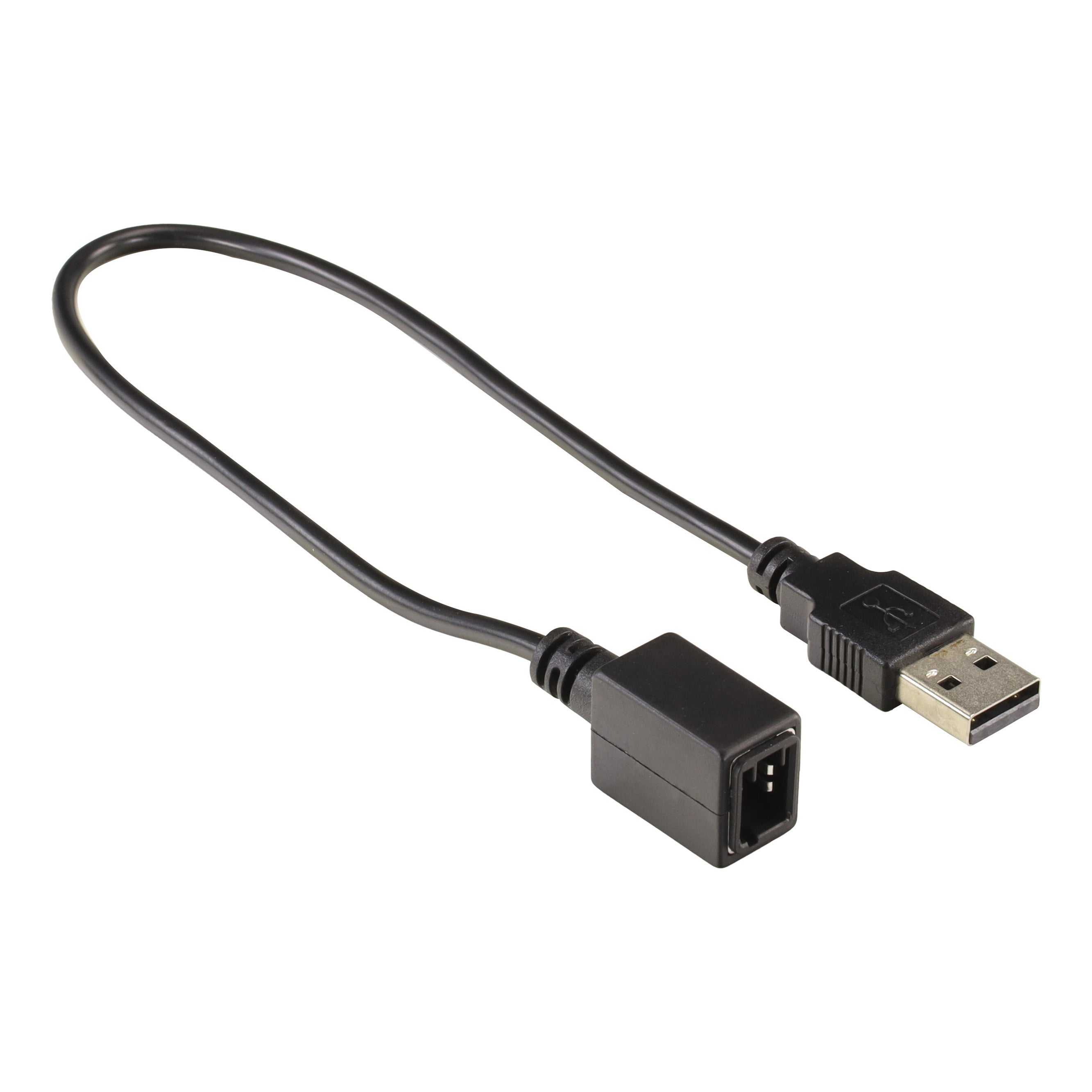 Black cable with a full size USB plug on one end and a small black factory USB socket on the other