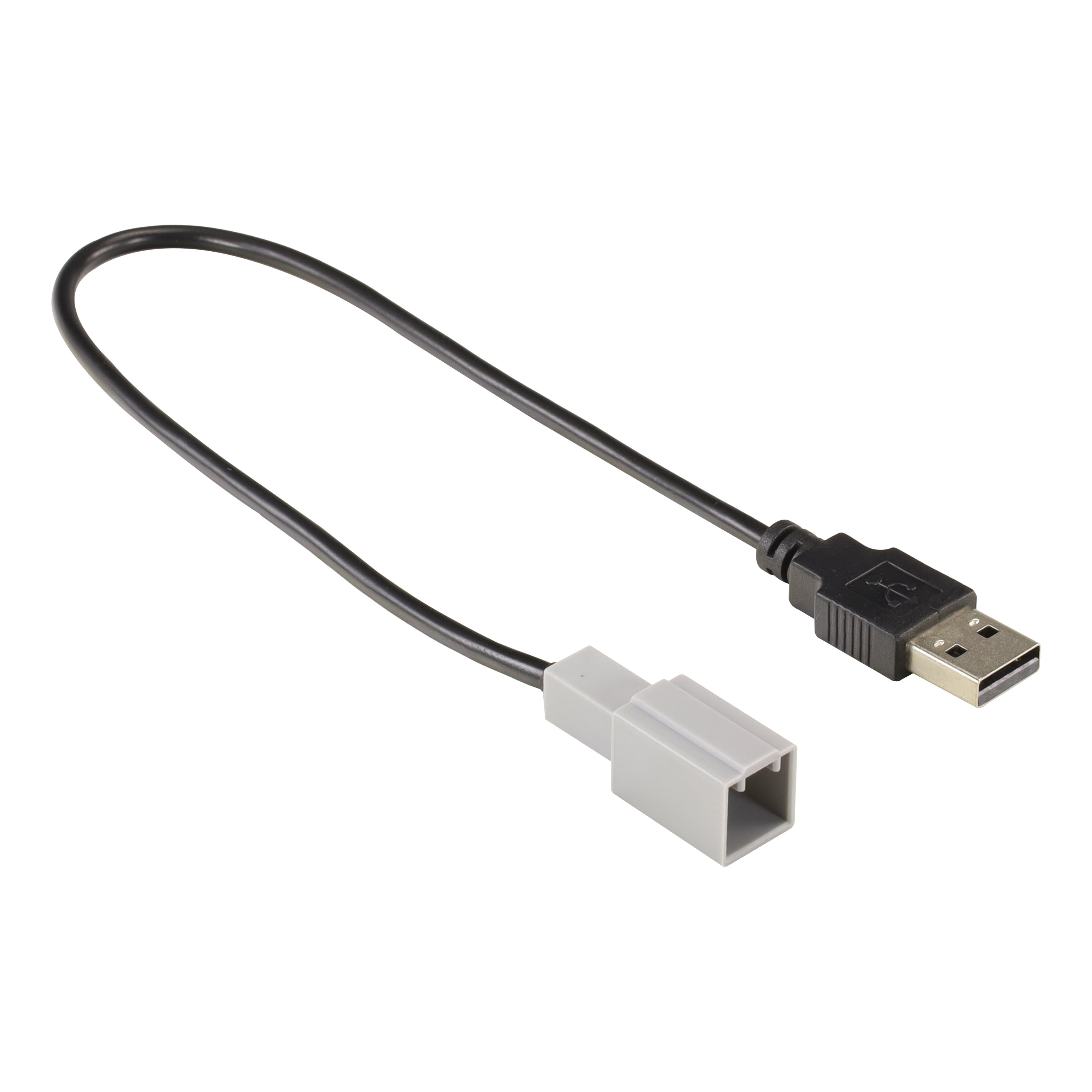 Black cable with a USB plug on one end and a light grey square factory connector on the other