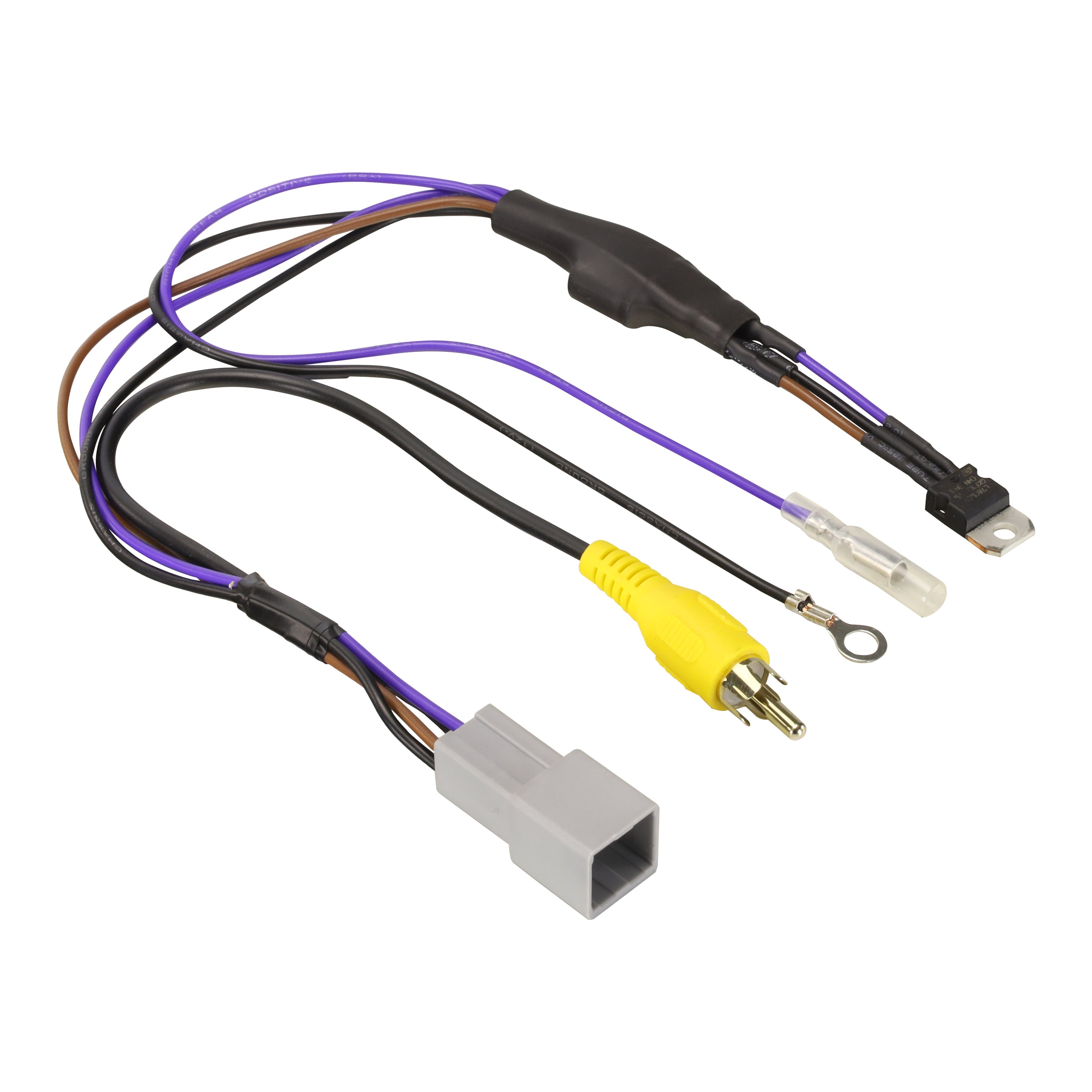Purple and brown lead with an in line module, a yellow RCA plug, a ring terminal and a grey multi pin plug