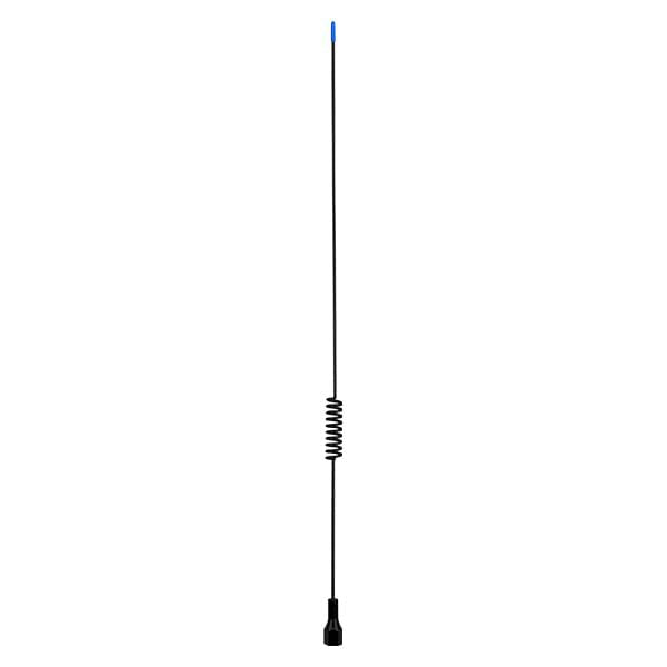 Full length black stainless steel whip with its spring coil above a short black base