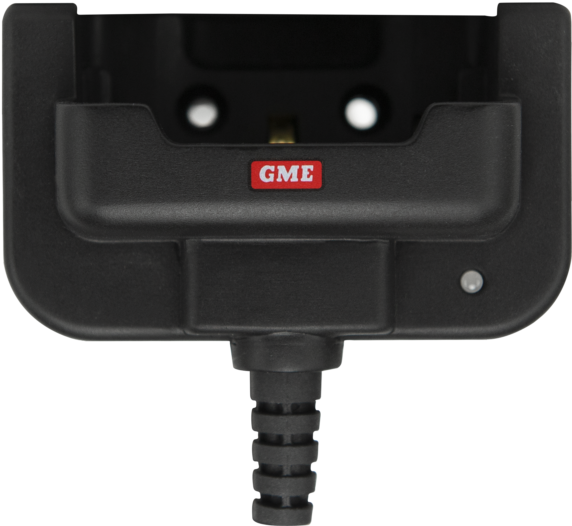 Black charging cradle seen from the front with a red GME badge, mounting holes and a ribbed cable strain relief