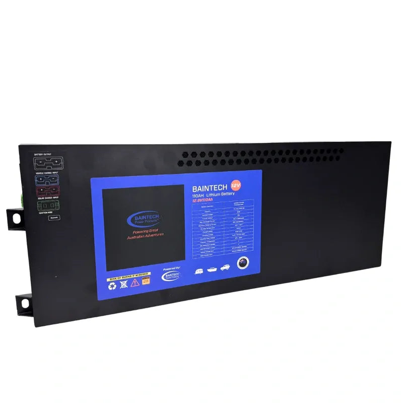 BAINTECH BTBLUESLIM110-DC40 110AH Slimline Lithium Battery with 40Amp DC-MPPT Charger Built In - All-in-One Battery and Charging Solution with Integrated Bluetooth Monitoring