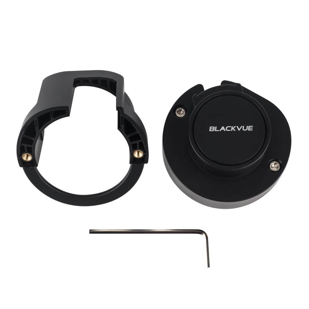 Tamper proof case parts laid out: the open front collar, the round BlackVue cover with two screws, and an Allen key