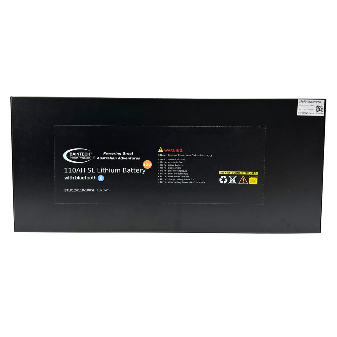 BAINTECH BTLP12V110-100SL 12V 110Ah Slimline Lithium Battery with 100A Continuous BMS and Digital Display - Ultra-Thin LiFePO4 Battery for Space-Constrained Installations