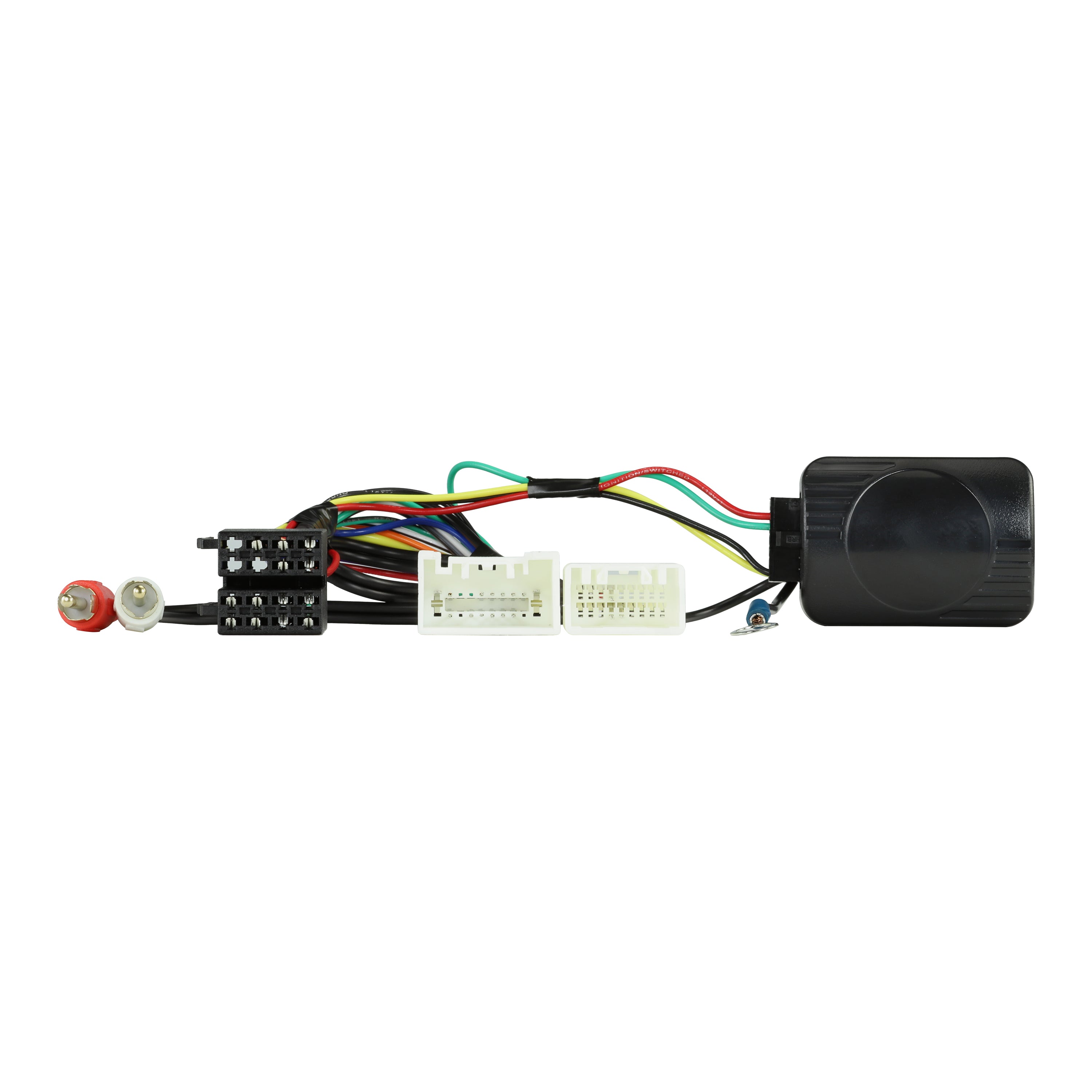 Black module on a flat loom with two white plugs, a black ISO pair, red and white RCA plugs and a small blue terminal