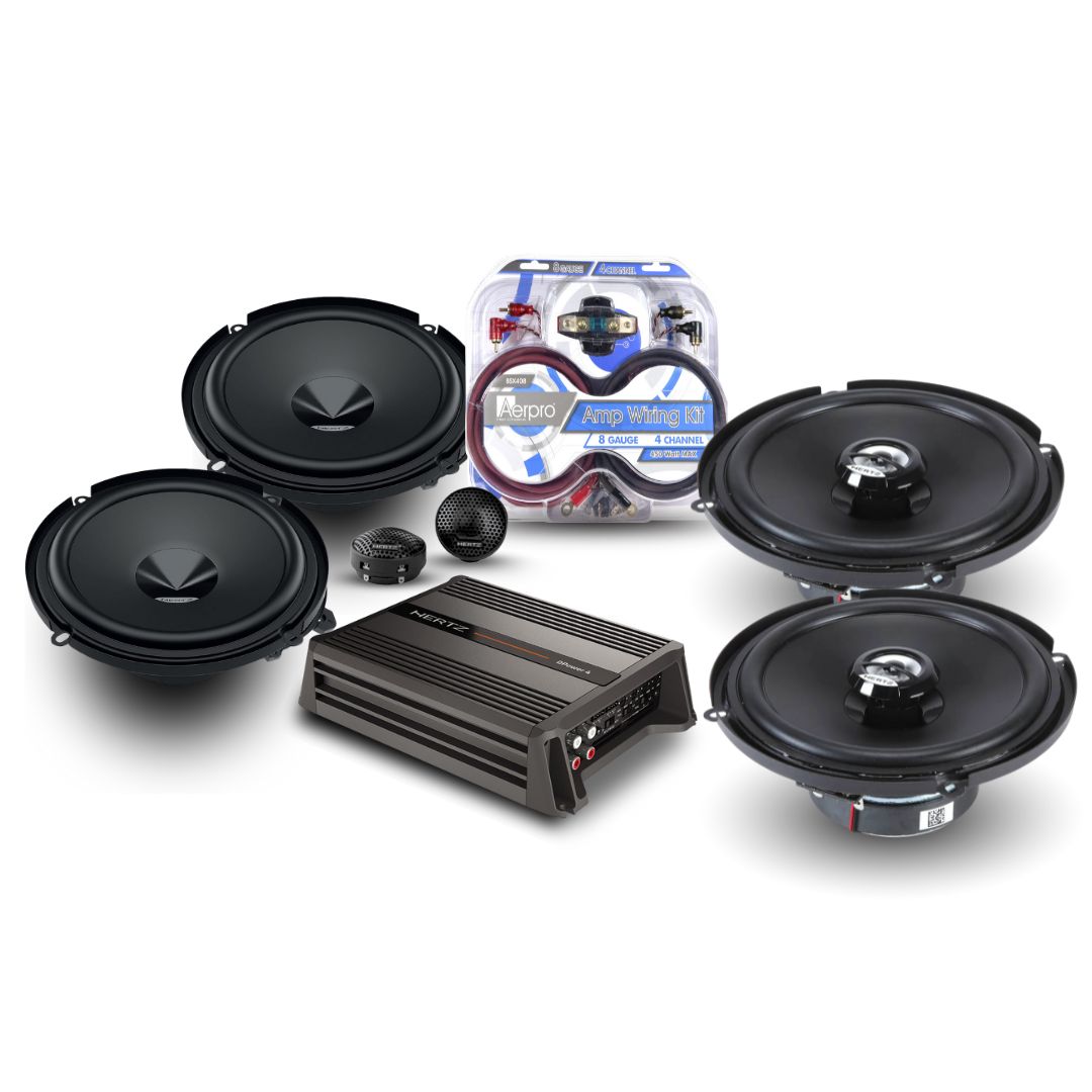 Hertz Complete Speaker Pack - DPower4 600W 4-Channel Amplifier + DSK160.3 Component + DCX160.3 Coaxial Speakers + BSX408 Install Kit | Front & Rear Car Audio System