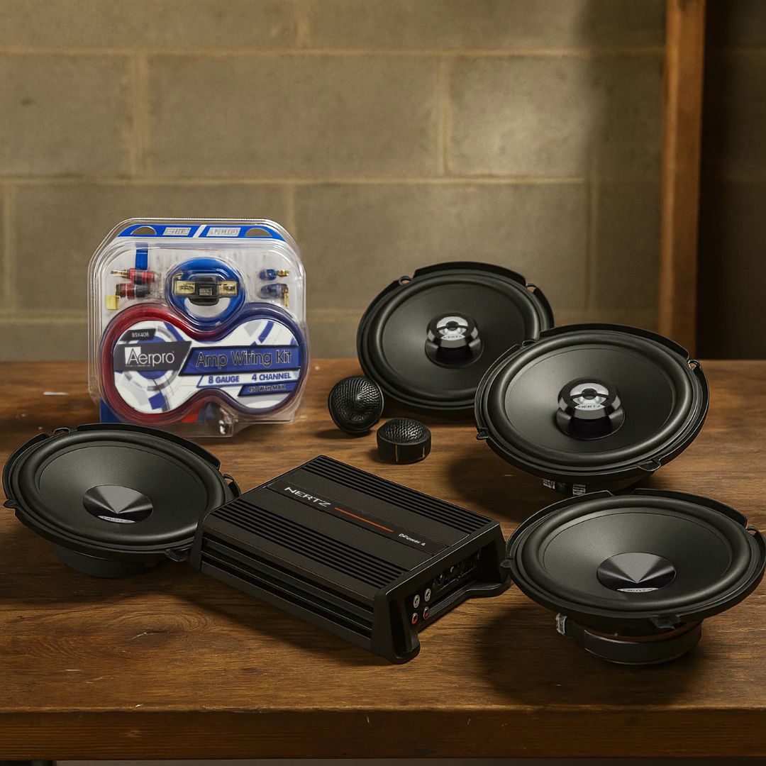 Hertz Complete Speaker Pack - DPower4 600W 4-Channel Amplifier + DSK160.3 Component + DCX160.3 Coaxial Speakers + BSX408 Install Kit | Front & Rear Car Audio System