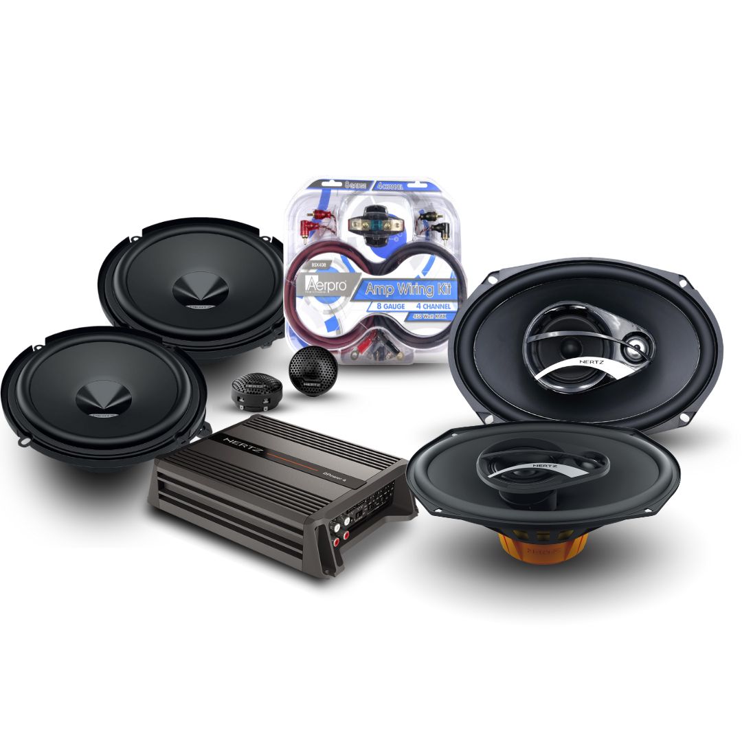 Hertz Premium Speaker Pack 2 - DPower4 600W 4-Channel Amplifier + DSK160.3 6" Components + DCX690.3 6x9" 3-Way Coaxials + BSX408 Install Kit | Complete Car Audio Upgrade