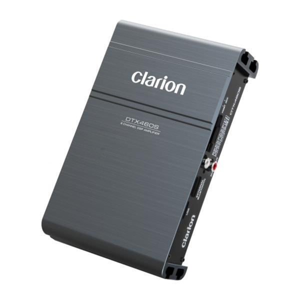 Clarion DTX460S 6-channel DSP car amplifier showing compact 185mm chassis with Class AB design and 31-band EQ
