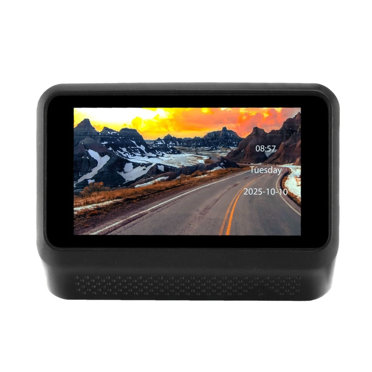 DNA DVR2CHS-4KM dash cam with 3-inch IPS screen displaying scenic road view.
