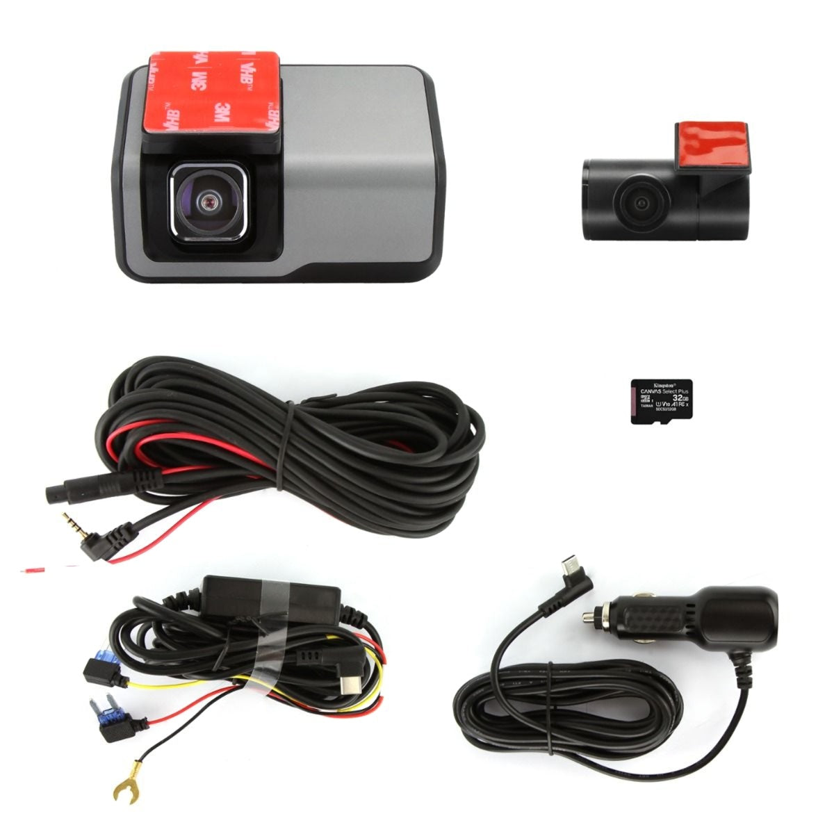 DNA DVR2CHS-4KM dash cam set with 4K front, 1080P rear cameras, cables, and 32GB TF card.
