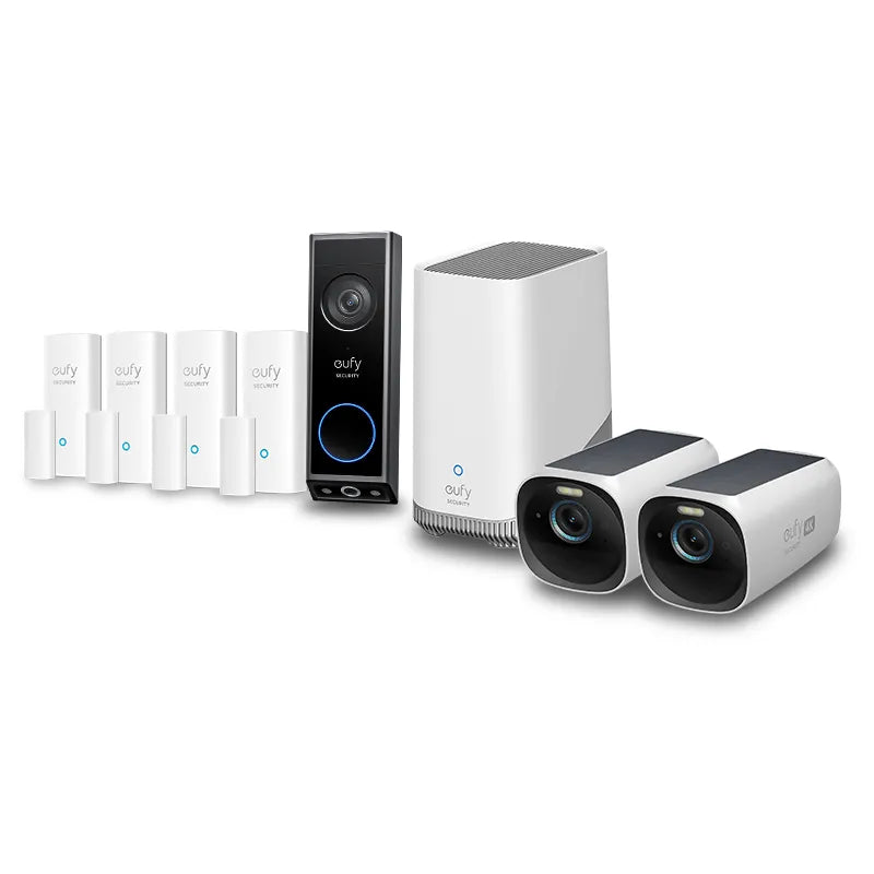 Eufy complete home security kit showing 4K cameras, video doorbell and entry sensors
