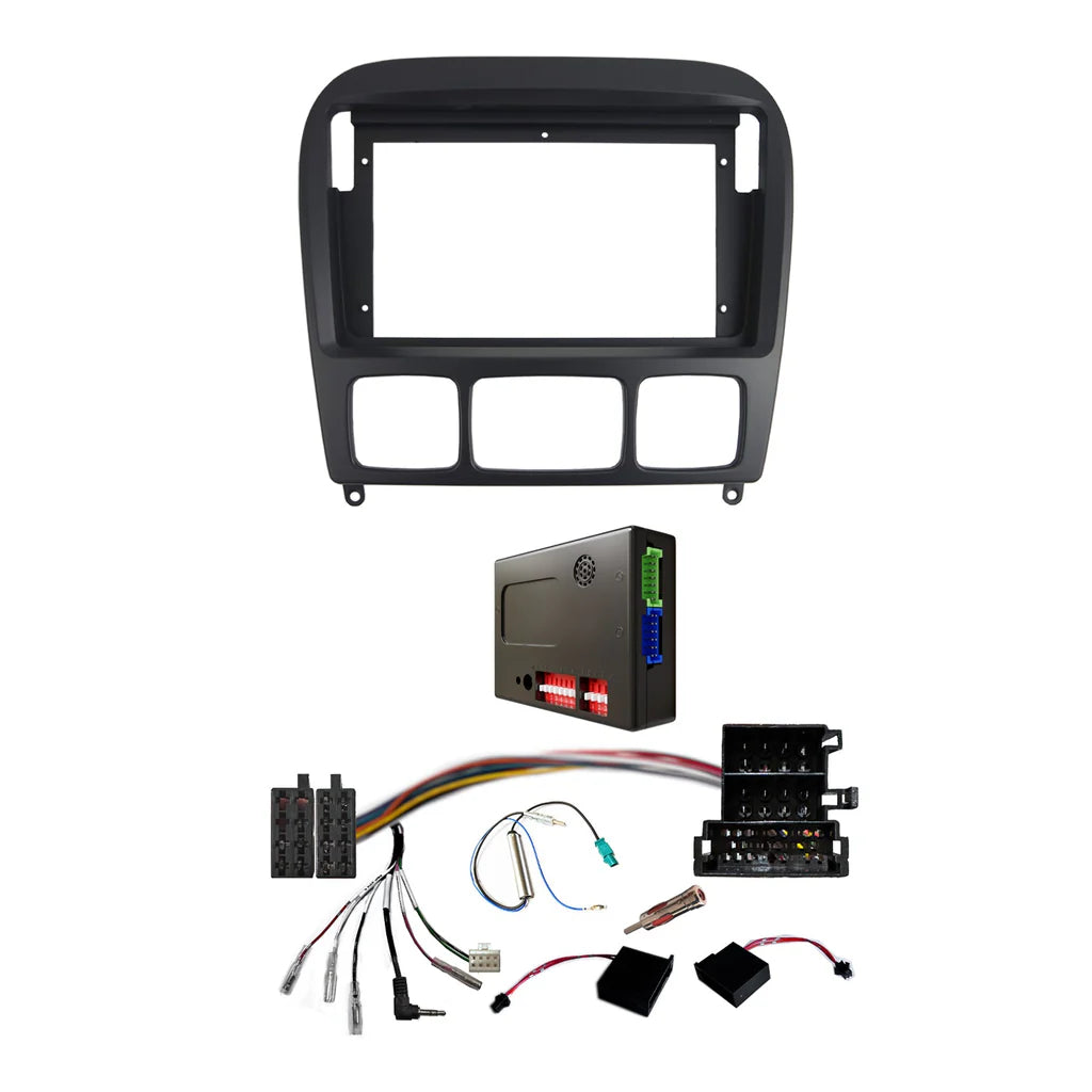 CAC F9MB9K1B 9 Inch Fascia Kit Compatible with Mercedes S-Class 1998-2005 W220 Black Universal Trapezoid 9" Stereo Dash Plate with Steering Wheel Control Harness - Black