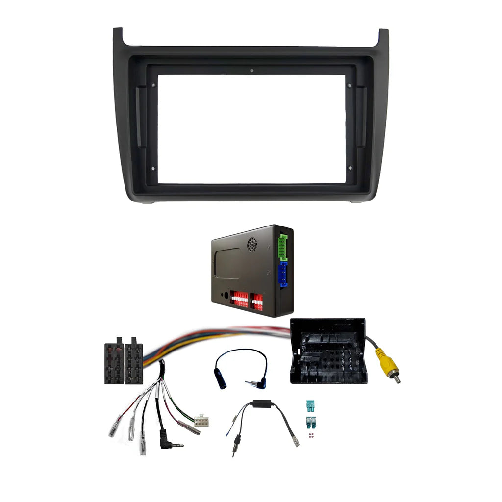 CAC F9VW3K 9 Inch Fascia Kit Compatible with Volkswagen Polo 2015-2017 Universal Trapezoid 9" Stereo Dash Plate with Steering Wheel Control Harness and Camera Retention - Black