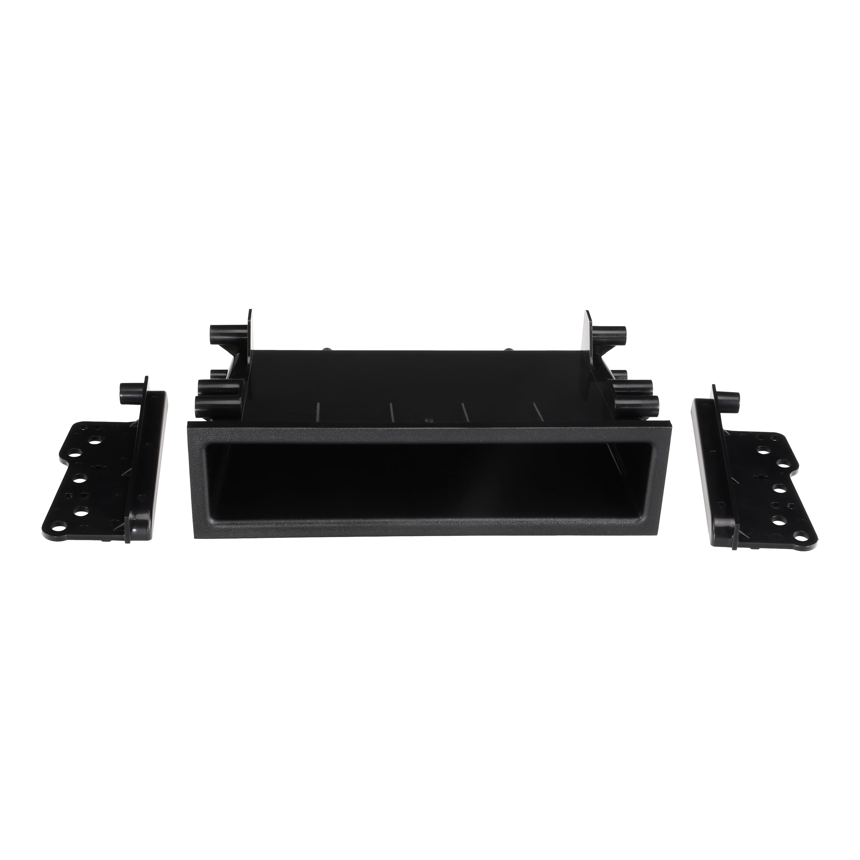 Black single DIN pocket fascia with a separate mounting bracket at each side