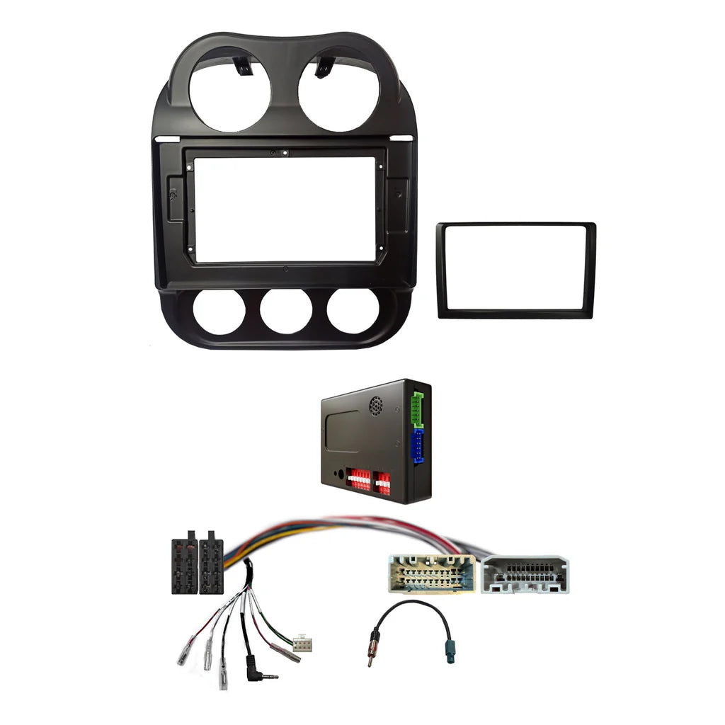 CAC FXJP4K 9 Inch Fascia Kit Compatible with Jeep Compass Patriot 2010-2016 Universal Trapezoid 9" or 10" Stereo Dash Plate with Steering Wheel Control Harness and Amplifier Compatibility - Black